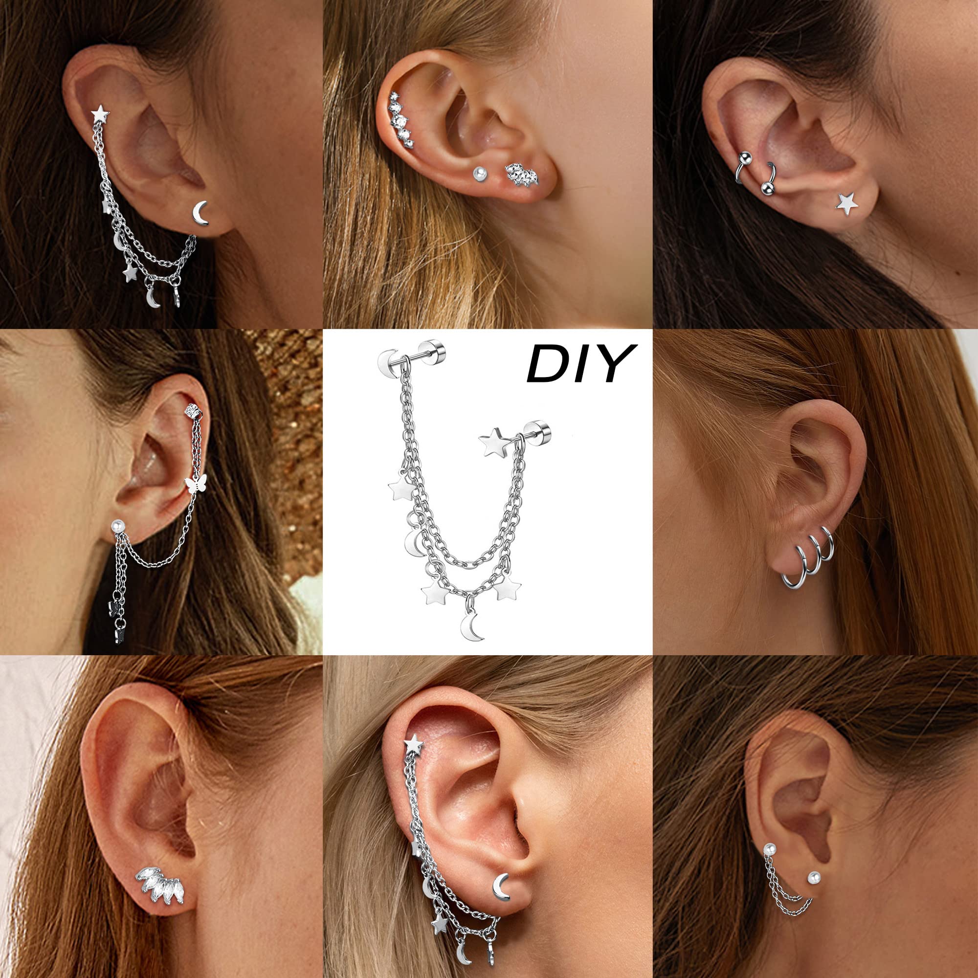 FIBO STEEL 20G Cartilage Earrings Set for Women - Huggie Hoop, Flat Back Stud, Star Moon Butterfly CZ Earrings, Dangle Chain Helix Tragus Piercing Jewelry | Perfect for Daily Wear, Parties & Gifts