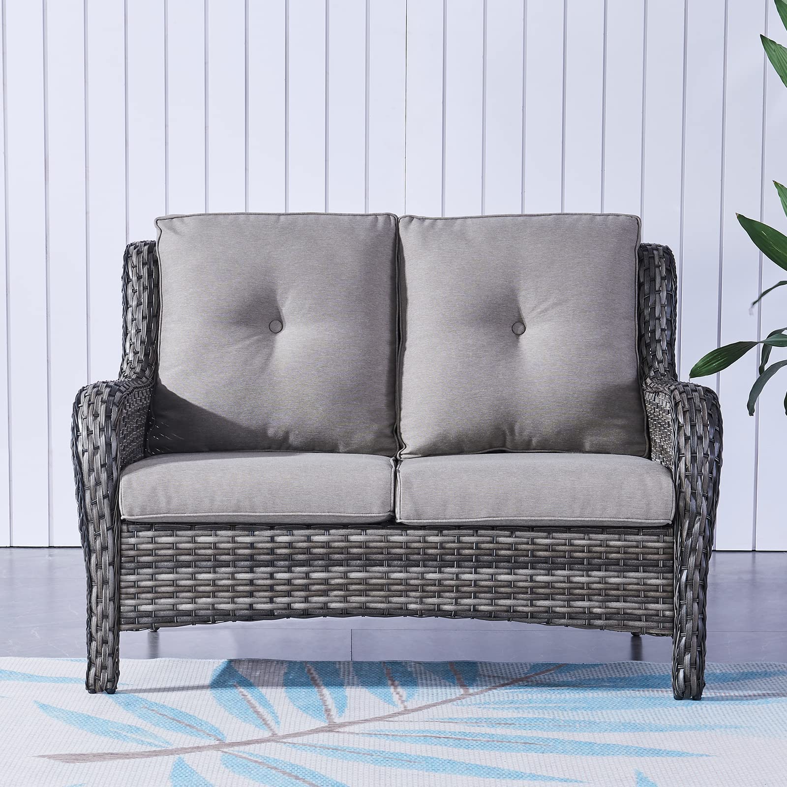 Outdoor Wicker Loveseat Patio Sofa - 2-Seater Rattan Outdoor Couch with Deep Seating & Comfortable Cushions, Waterproof & Weather Resistant for Porch, Deck, Balcony, Garden (Mixed Grey/Grey) - Perfect for Relaxing, Entertaining & Outdoor Lounging