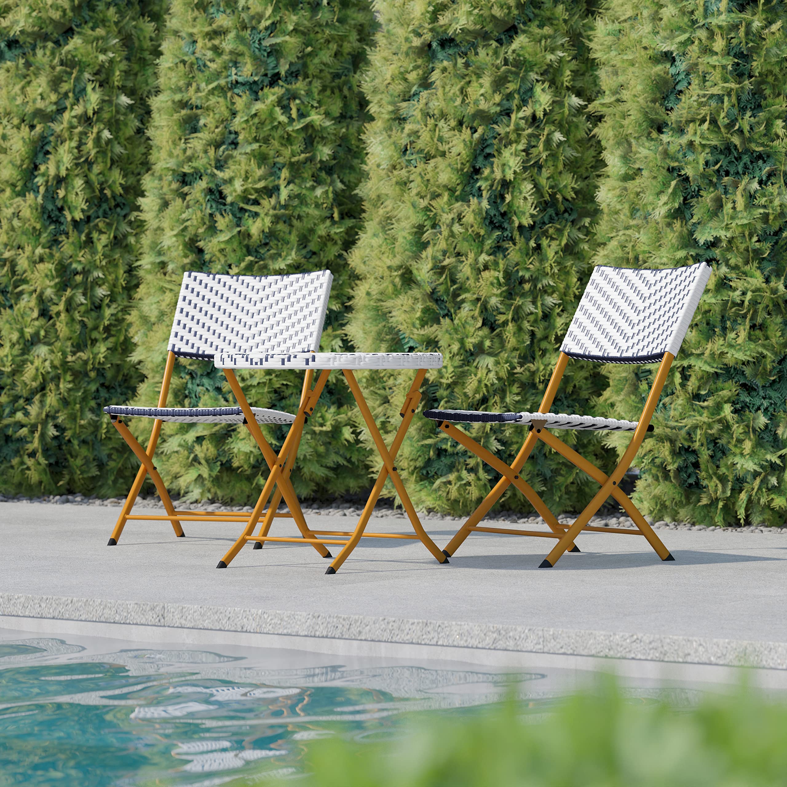 Flash Furniture Rouen Commercial Grade Folding Bistro Set - 3 Piece Indoor/Outdoor PE Rattan Table with Navy/White Cushions & Natural Steel Frame | Perfect for Patio, Garden, Cafe, Restaurant Outdoor Dining