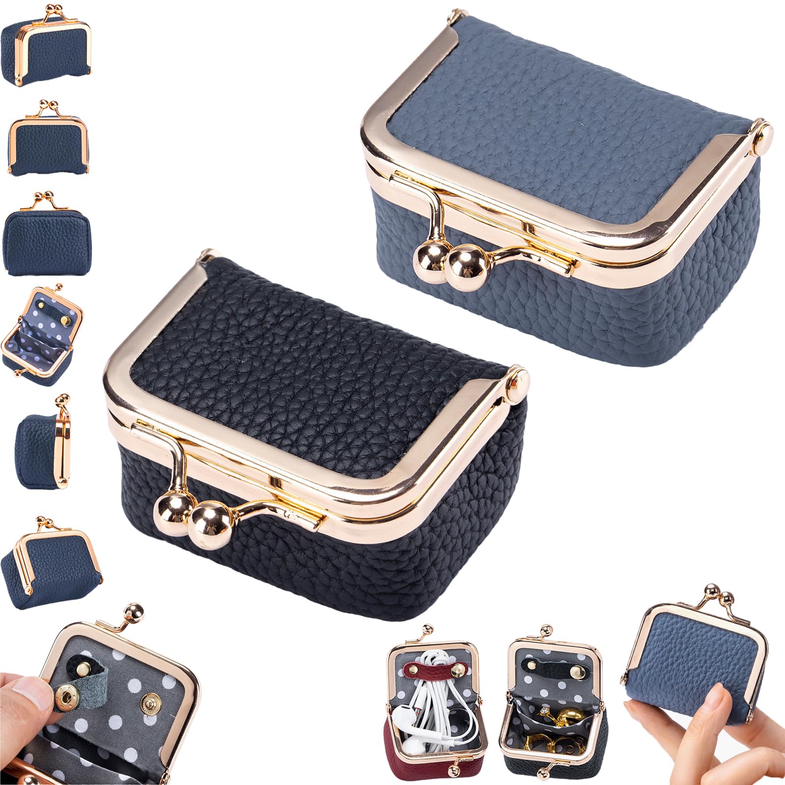 Lilyrhyme Genuine Leather Mini Jewelry Box & Coin Purse - Portable Travel Jewelry Organizer Case (Blue+Black) - Perfect for Travel, Gift Giving & Daily Jewelry Storage