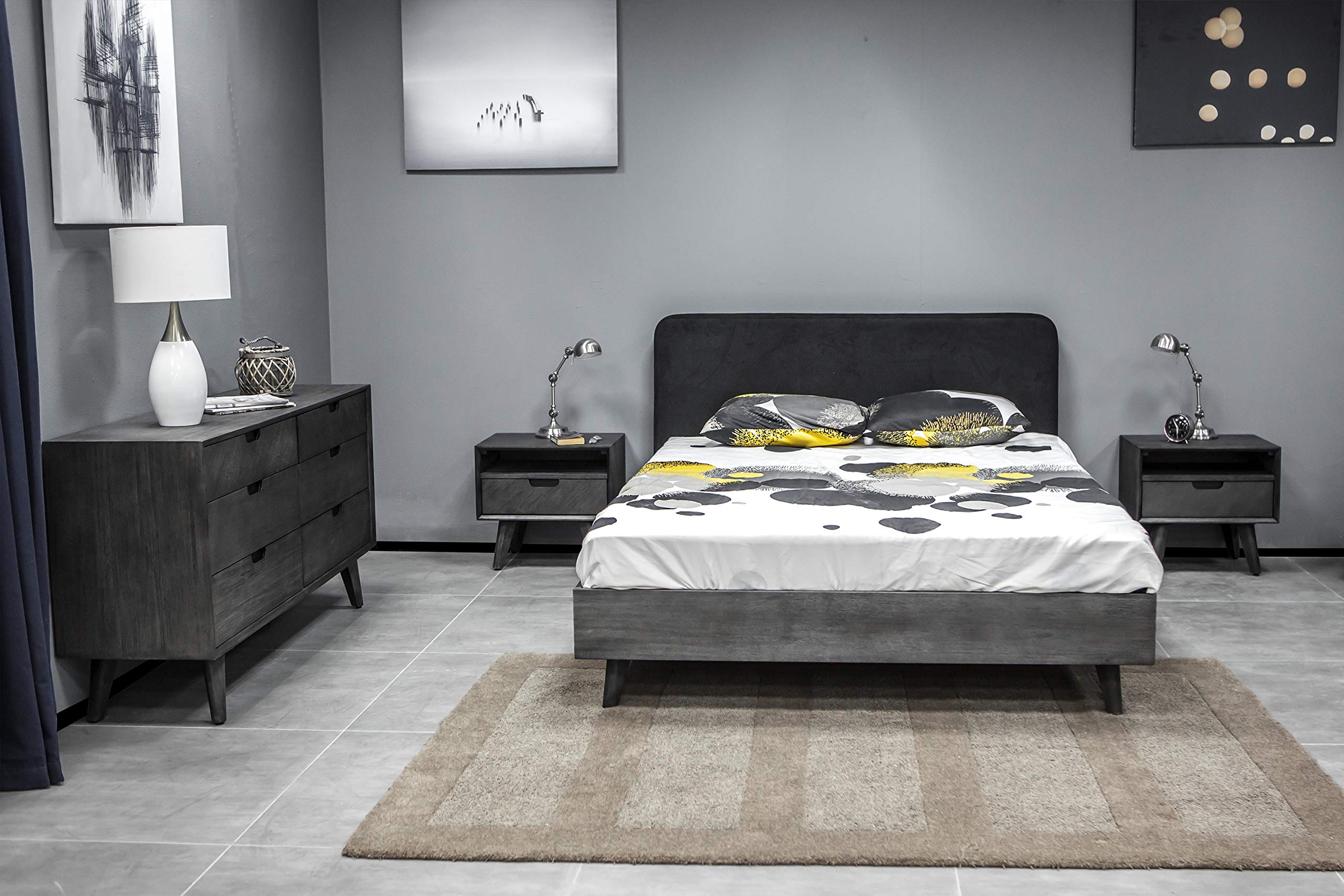 Armen Living Mohave 3-Piece Acacia Wood Queen Bedroom Set with 2 Nightstands, Gray - Modern Platform Bed Frame for Master Bedroom & Guest Room Decor