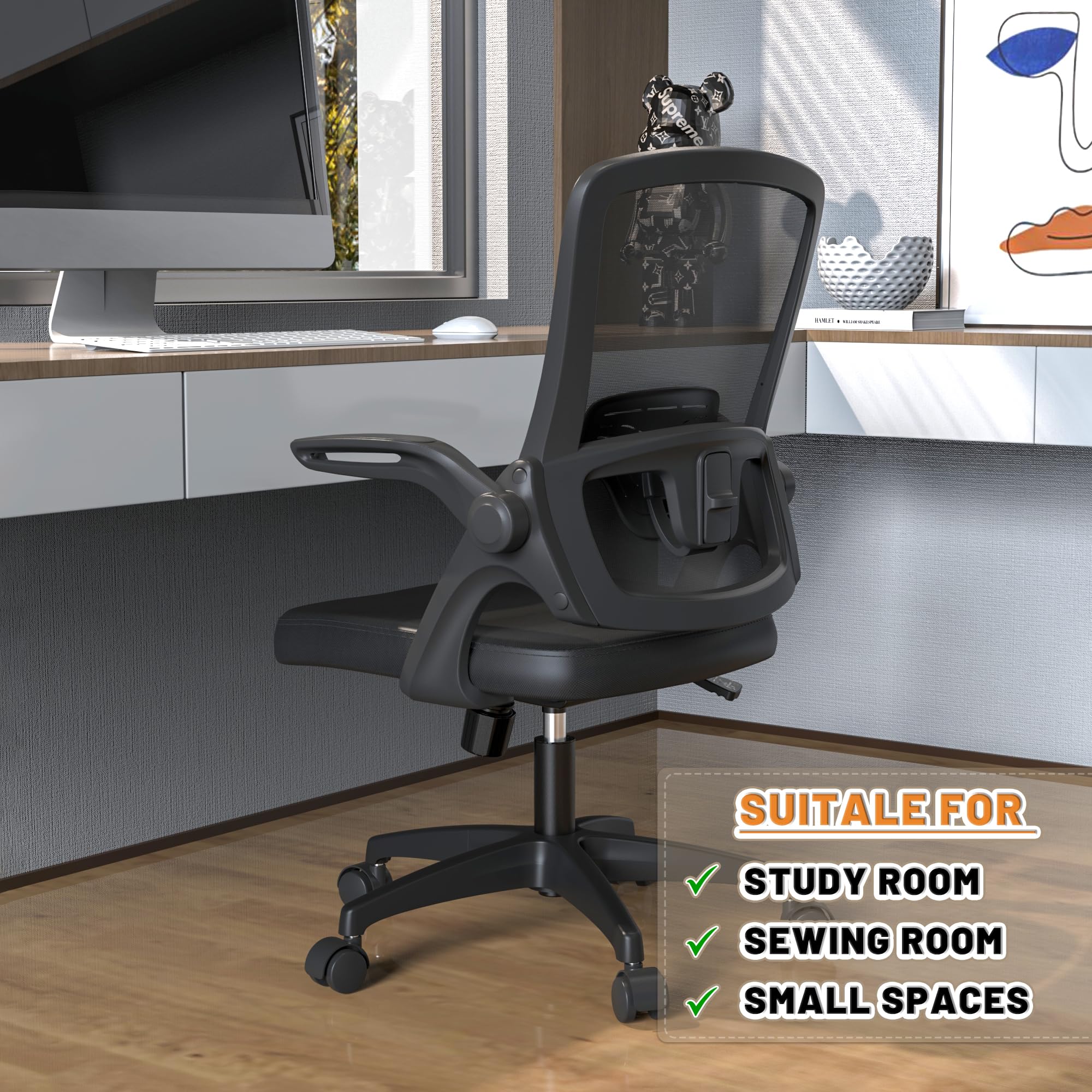 Ergonomic Mesh Office Chair with Adjustable Lumbar Support - Swivel Computer Desk Chair with Flip-Up Arms & Wheels - Comfortable Black Modern Chair for Home & Office Workspaces (Perfect for Long Hours of Work, Gaming, or Studying)