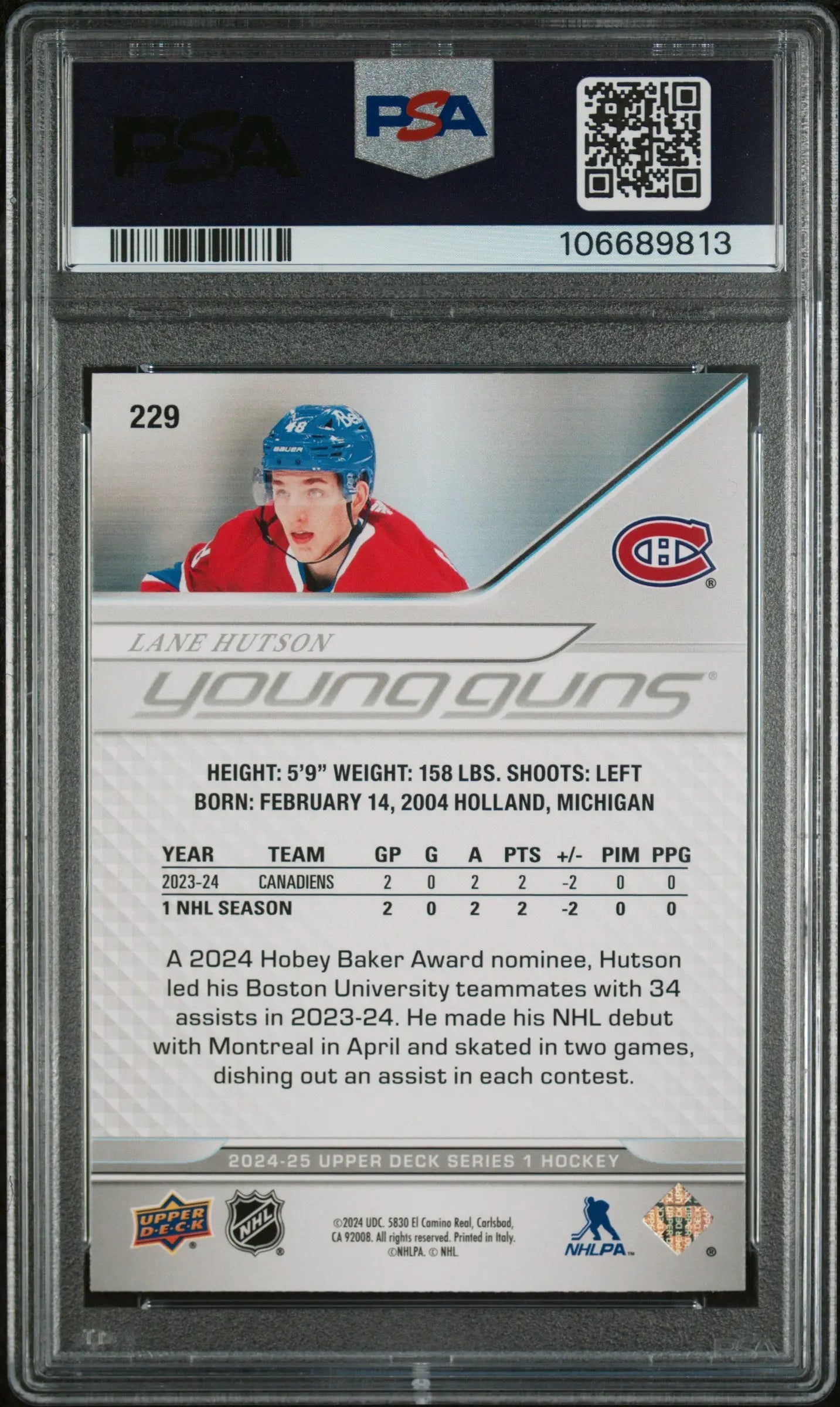 2024-25 Upper Deck Series 1 Lane Hutson Young Guns Rookie Card PSA 9 Mint - Perfect for Hockey Card Collectors & Sports Memorabilia Enthusiasts