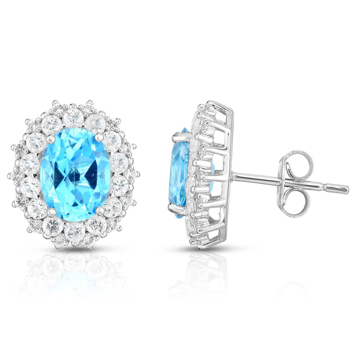 Blue Topaz & White Topaz Oval Earrings for Women - Sterling Silver Dangle Earrings for Party, Wedding & Everyday Wear