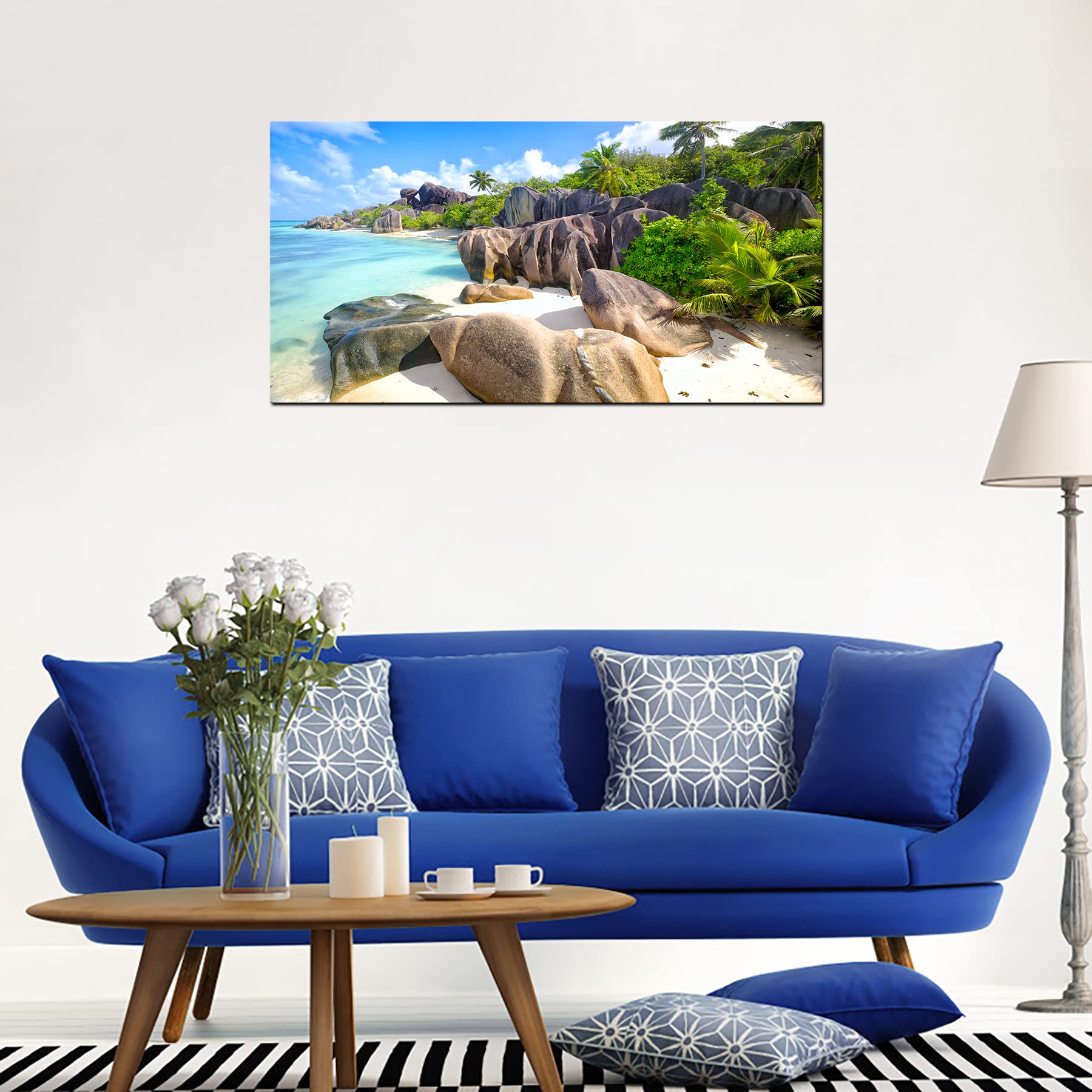 YP0775 Beach Wall Art - Stone Coconut Trees on Sands Seascape Painting - Tropical Nature Picture for Bedroom, Living Room & Office Decor - Perfect for Coastal, Vacation Home or Beach House Style
