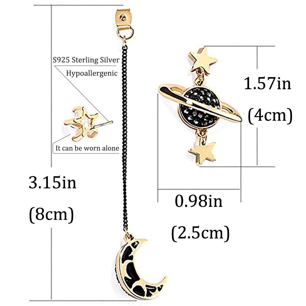 Black Earth Planet Asymmetrical Tassel Drop Earrings for Women - Cubic Zirconia Star & Moon Dangle Jewelry - Perfect Gift for Mom, Birthday & Special Occasions