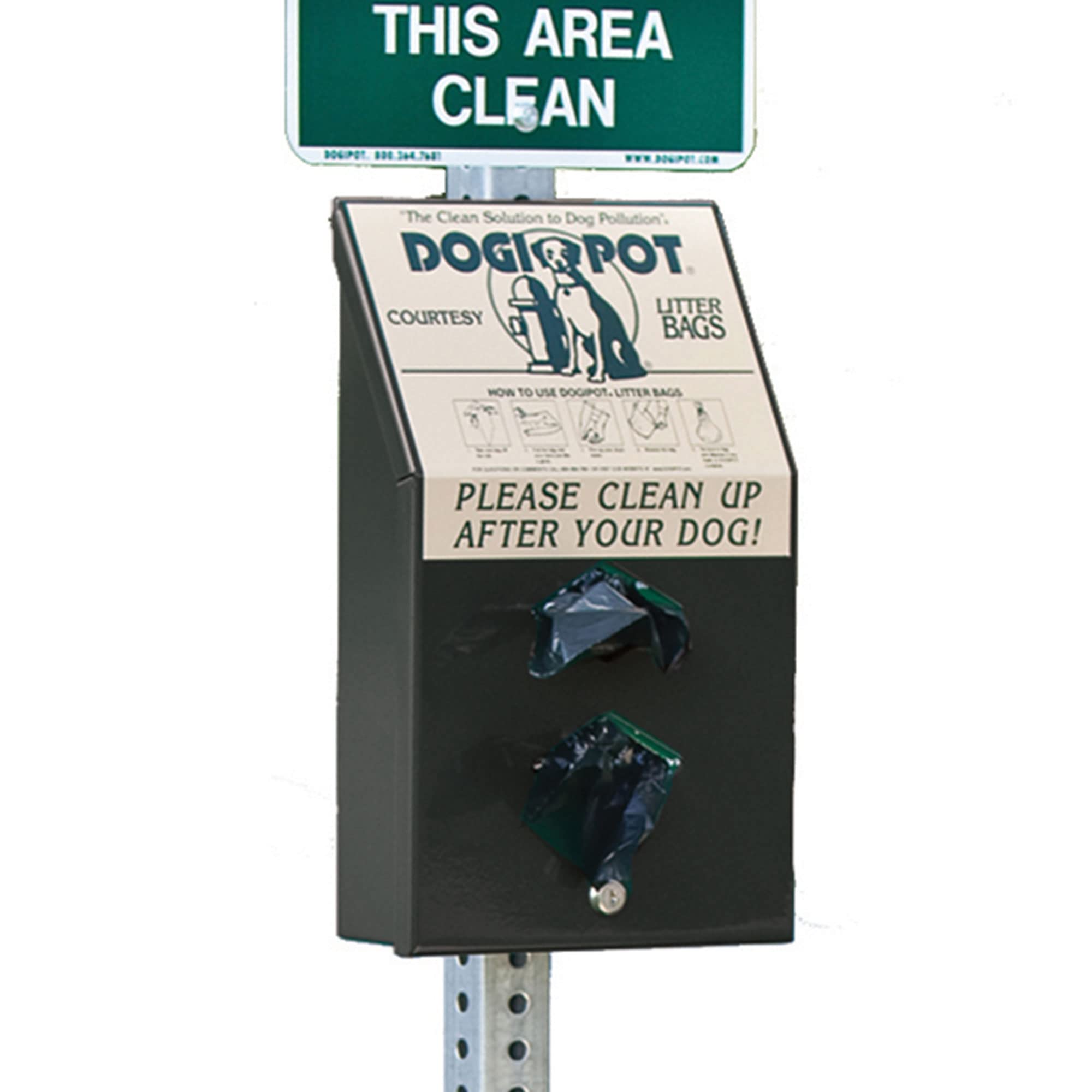 DOGIPOT 1003-L Pet Waste Station - Includes Sign, Dispenser, Steel Receptacle, Litter Bag Rolls & Trash Bags - Durable Outdoor Dog Poop Station for Parks, Trails & Neighborhoods - Forest Green