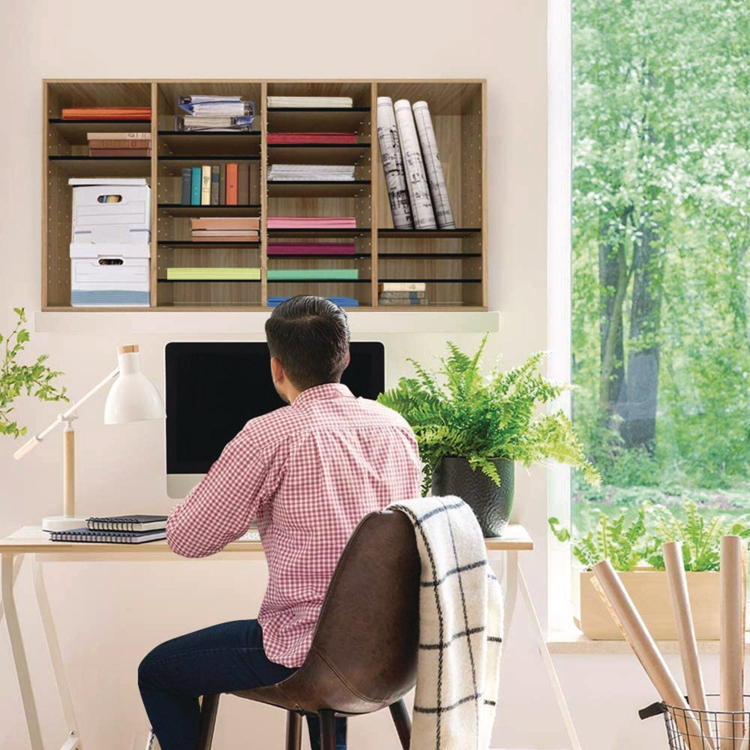 AdirOffice Wooden Adjustable 36-Compartment Letter Size Literature Organizer - Medium Oak (39.3