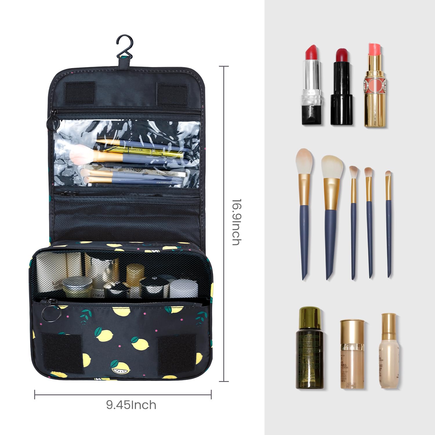 Large Waterproof Toiletry Bag with Hanging Hook - Travel Cosmetic Organizer for Bathroom & Brushes Storage (Grey Lemon)