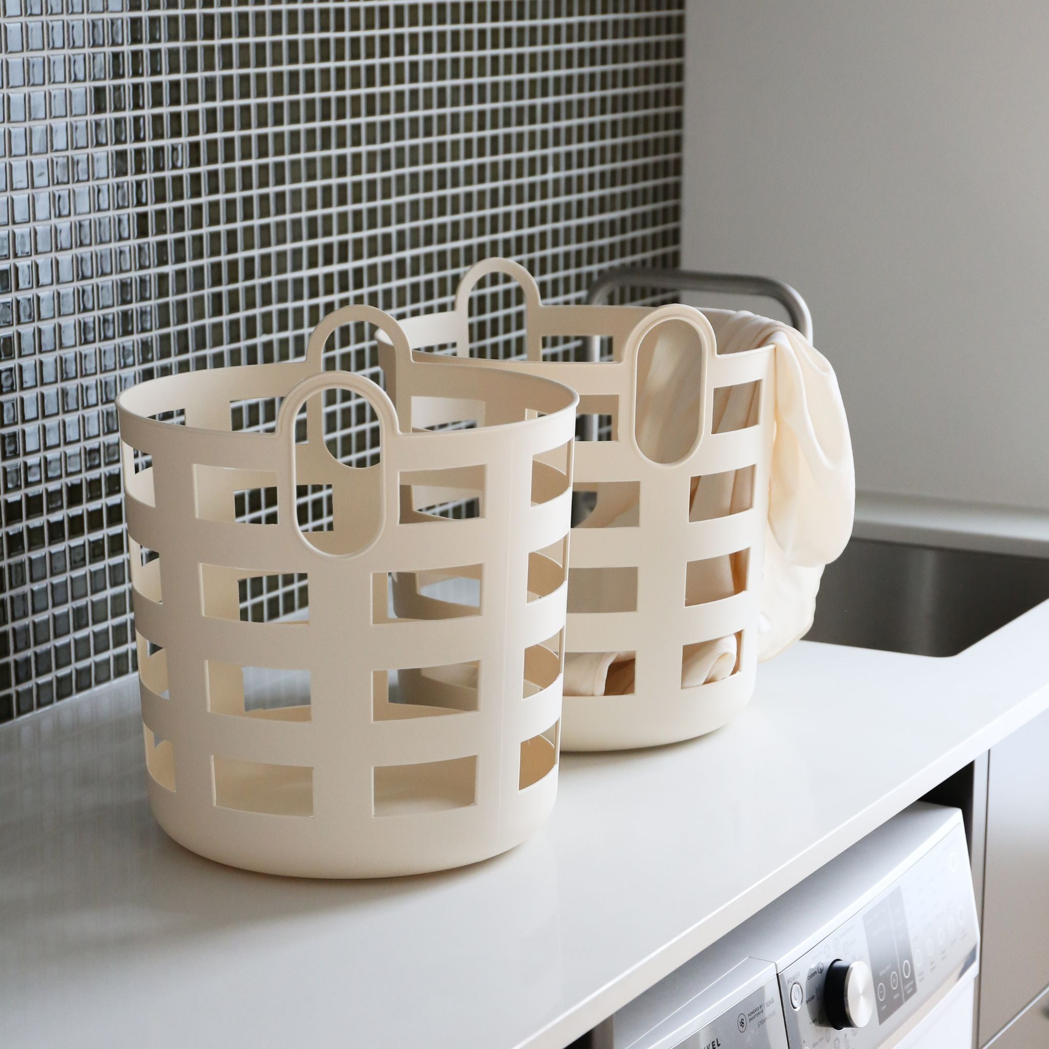 ENKEL STUDIO Large Woven Storage and Laundry Basket Set of 2 - Sand Color Foldable Fabric Hamper for Bedroom, Bathroom & Nursery Organization - Perfect for Clothes, Toys & Home Essentials