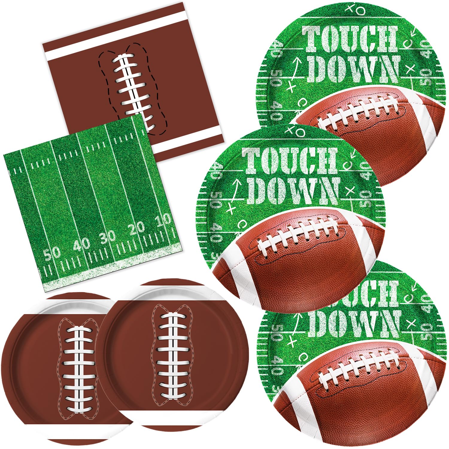 Football Party Supplies Kit for 50 Guests - Touchdown Dinner Plates, Dessert Plates & Napkins Set - Green, White & Brown - Perfect for Game Day Tailgates, Sports Events & Football Themed Parties