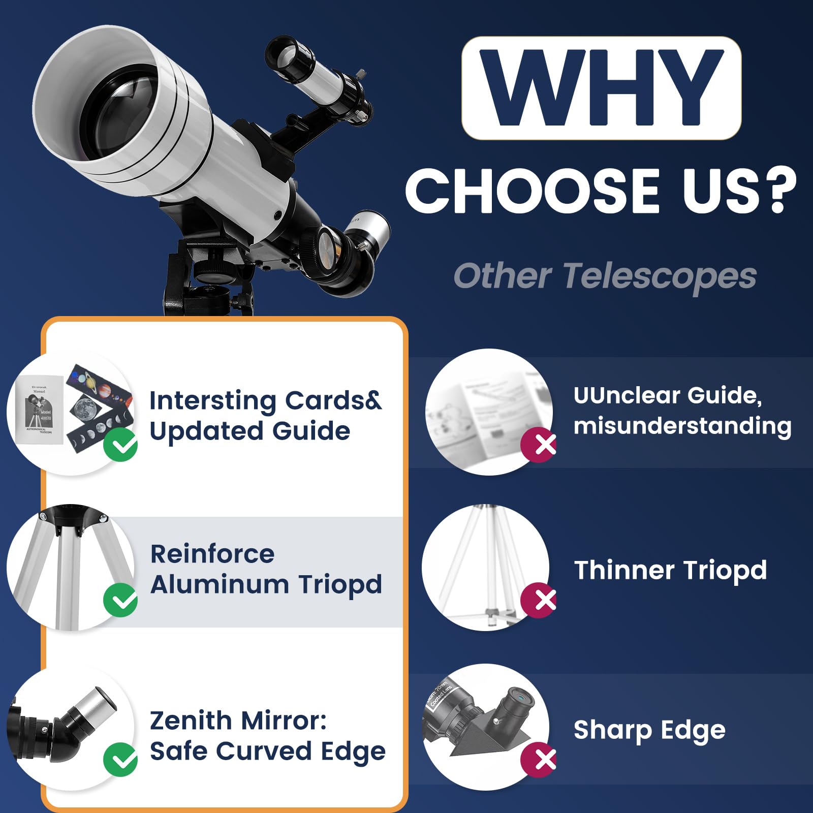 ClaeroruA 70/400mm Astronomical Telescope for Adults & Beginners - Portable Refractor Telescope with Phone Adapter & Tripod - Perfect for Stargazing, Moon Observation & Astronomy Learning