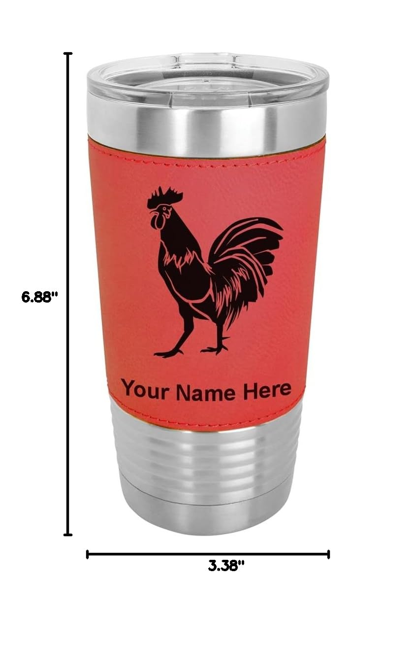 LaserGram 20oz Vacuum Insulated Stainless Steel Tumbler Mug with Leak-Proof Lid - Custom Engraved Rooster Design, Faux Leather Wrap & Red Finish - Perfect for Coffee, Tea, Iced Drinks at Home, Office or Travel