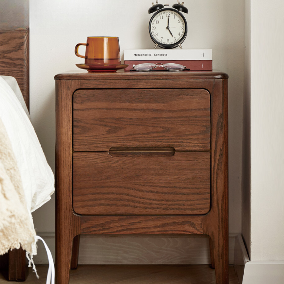 Solid Oak Wood Nightstand with 2 Drawers - Bedside Table for Bedroom, Living Room, or Guest Room Storage