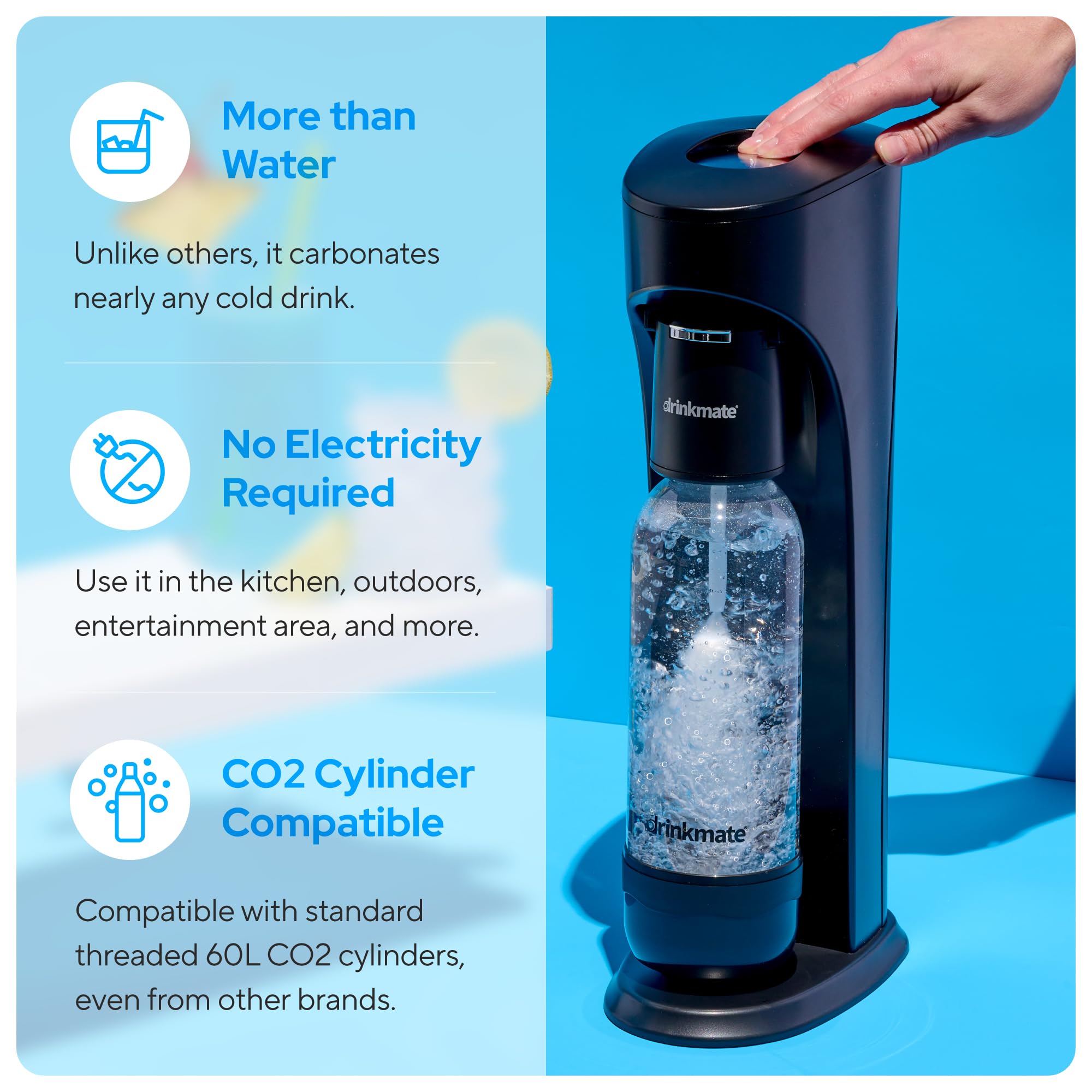 Drinkmate OmniFizz Sparkling Water & Soda Maker Machine - Carbonates Any Beverage with 3x60L CO2 Cylinders, 2 Bottles & Fizz Infuser (Matte Black) | Perfect for Home, Office & Party Use