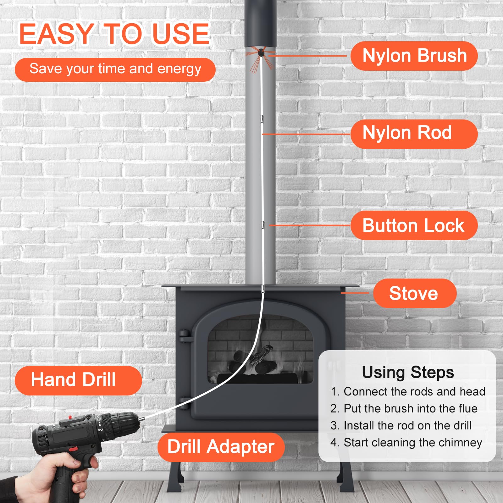 Rotary Chimney Sweep Brush Kit - Aluminum Power Brush with Drill Attachment for DIY Fireplace Cleaning | Perfect for Home Maintenance & Chimney Cleaning Services