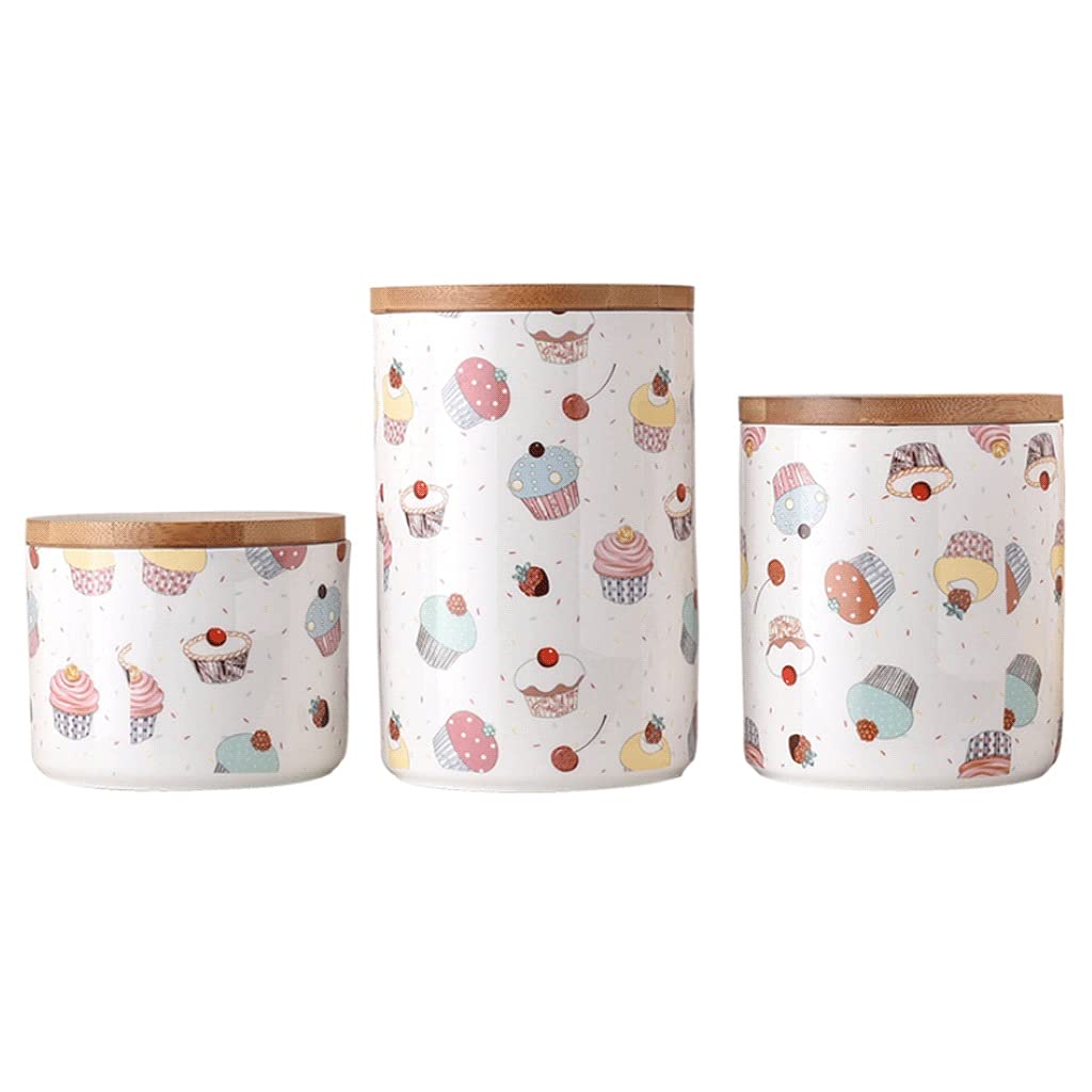 ZANZAN 3-Piece Ceramic Kitchen Canister Set with Airtight Lids - Cute Cake Design Food Storage Jars for Countertop, Pantry & Baking Supplies (White) | Perfect for Flour, Sugar, Coffee & Dry Goods Organization