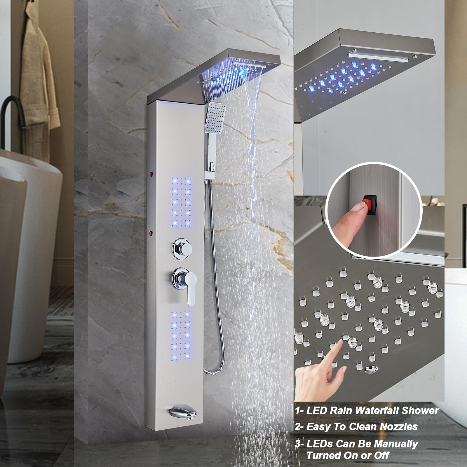 LED Shower Panel System with Rainfall & Waterfall Shower Head - Full Body Massage Jets - Modern Stainless Steel Shower Tower Faucet Set in Brushed Nickel for Bathroom | Perfect for Spa-Like Experience & Luxury Bathroom Upgrade