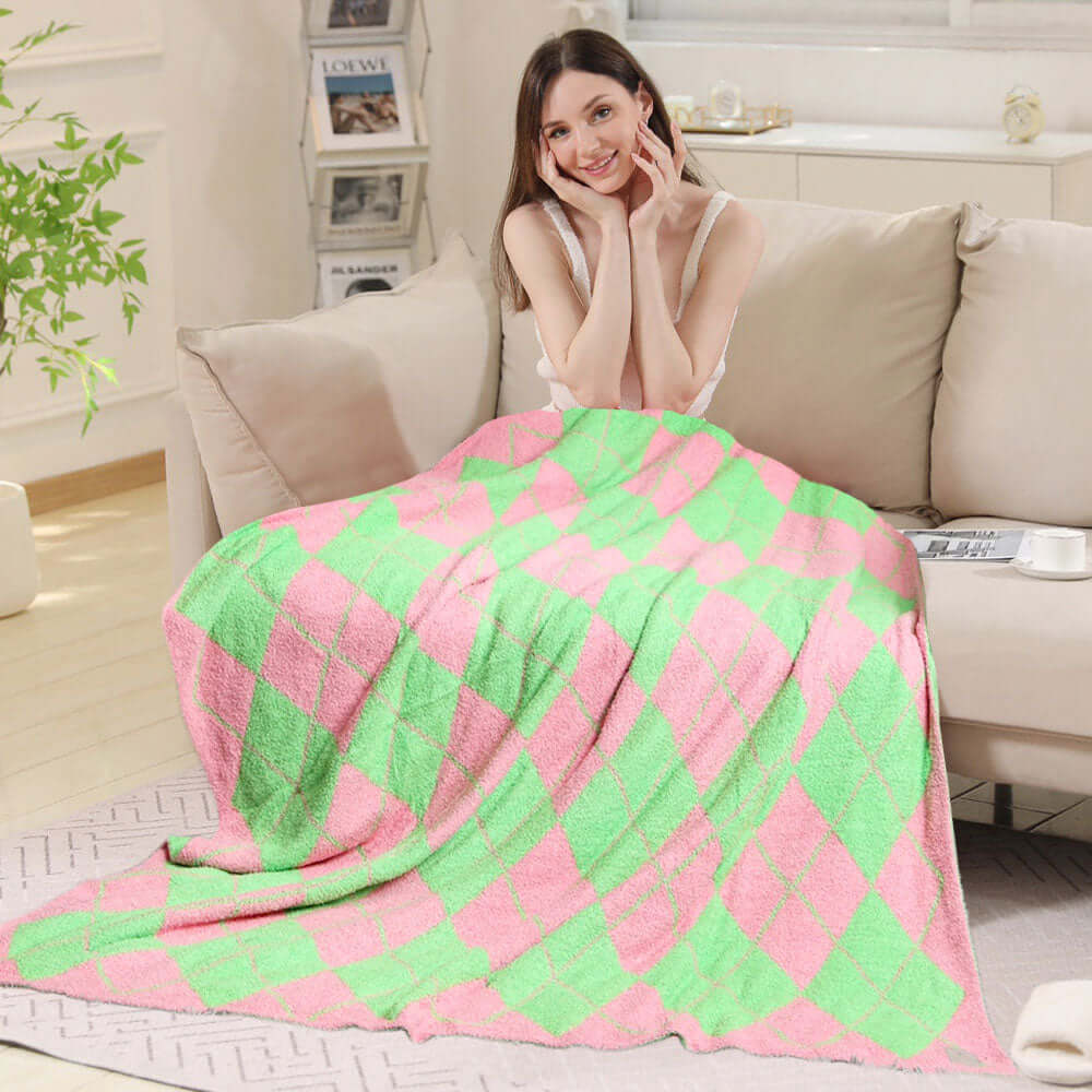 Cozy Pink and Green Argyle Reversible Fleece Throw Blanket - Soft & Warm for Couch, Bed, Sofa - Perfect for Home Decor, Gifts & Winter Snuggling