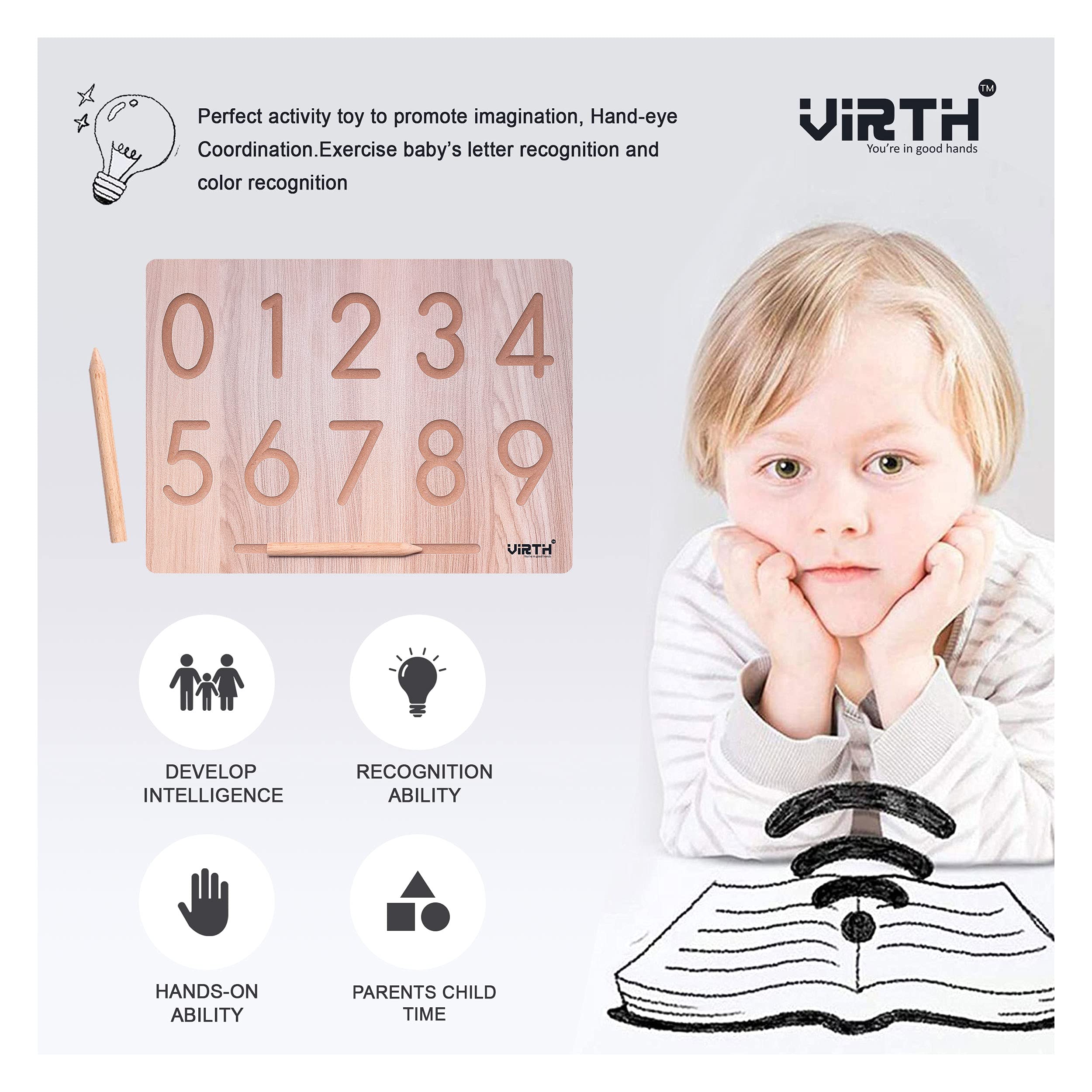Virth Wooden Educational Writing Practice Slate - Number & Pattern Learning Board for Kids Ages 2-6 | Montessori Early Childhood Development Toy for Preschool & Homeschool
