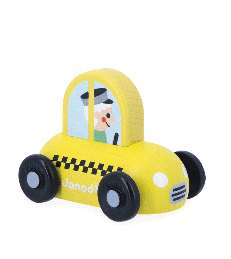 Janod Wooden Taxi Car Toy - City Crossroads Playset for Kids | Pretend Play, Educational Toy for Toddlers & Preschoolers | Perfect for Home, Classroom & Travel