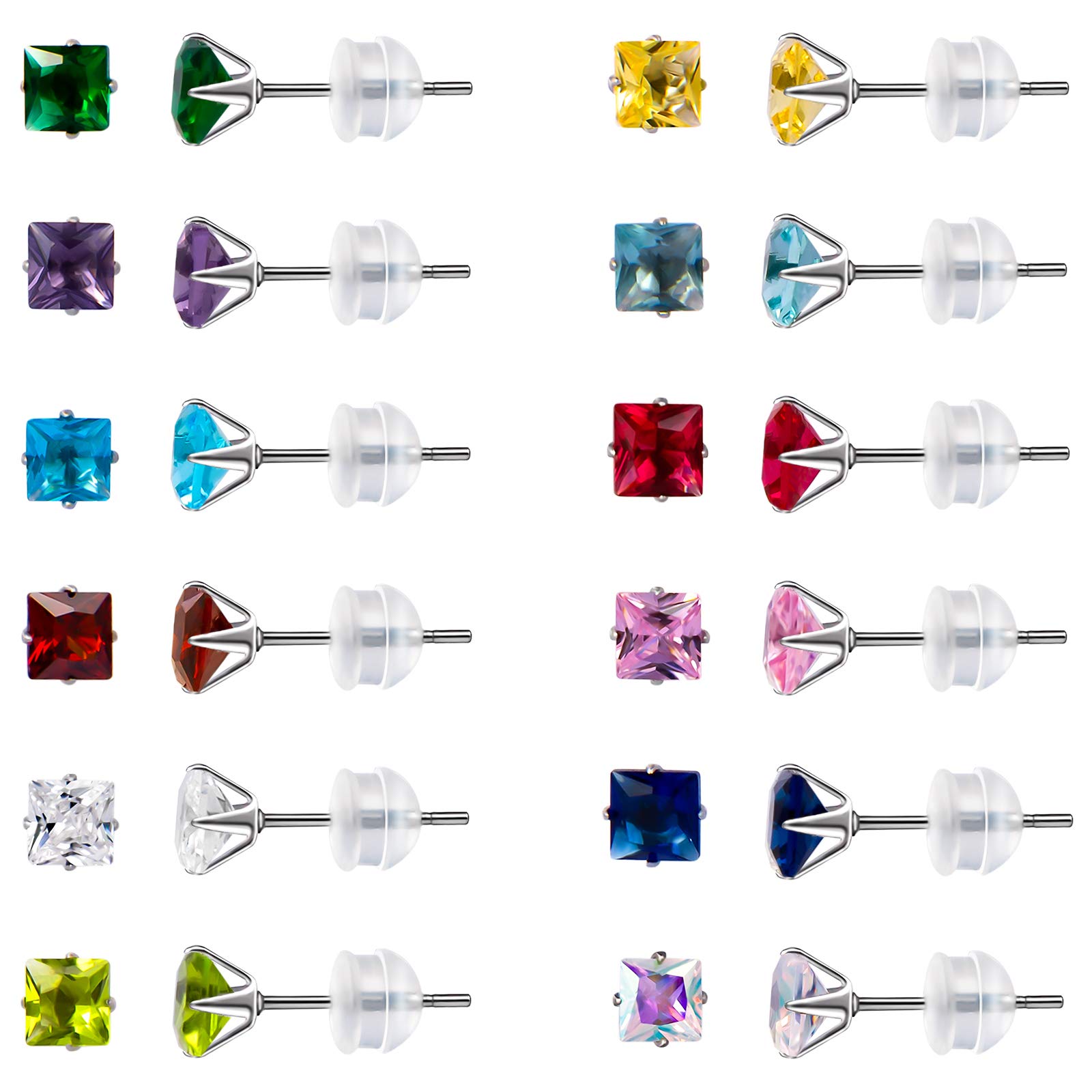 12 Pairs Stainless Steel Stud Earrings for Women - Princess Cut Square Cubic Zirconia Earrings, Birthstone Jewelry Set | Perfect for Gifts, Daily Wear & Special Occasions