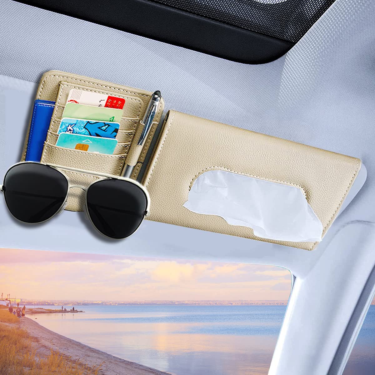 Premium PU Leather Car Tissue Holder with Glasses & Card Slots - Hanging Sun Visor Organizer for Napkins, Registration & Accessories | Perfect for Road Trips, Commuting & Family Travel (Beige)