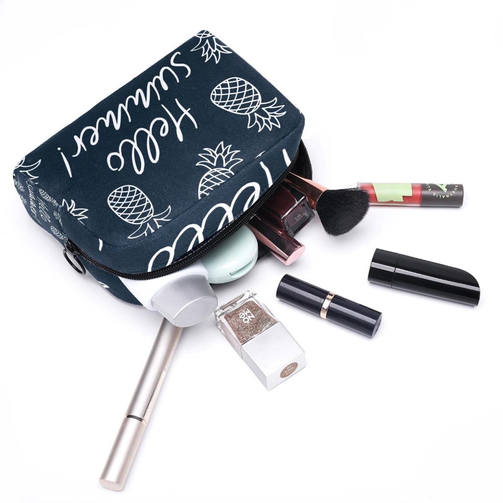 Stylish Large Makeup Bag for Women - Waterproof Travel Cosmetic Organizer with Brush Pouch, Hello Summer Tropical Pineapple Print - Perfect for Travel, Gym & Daily Use