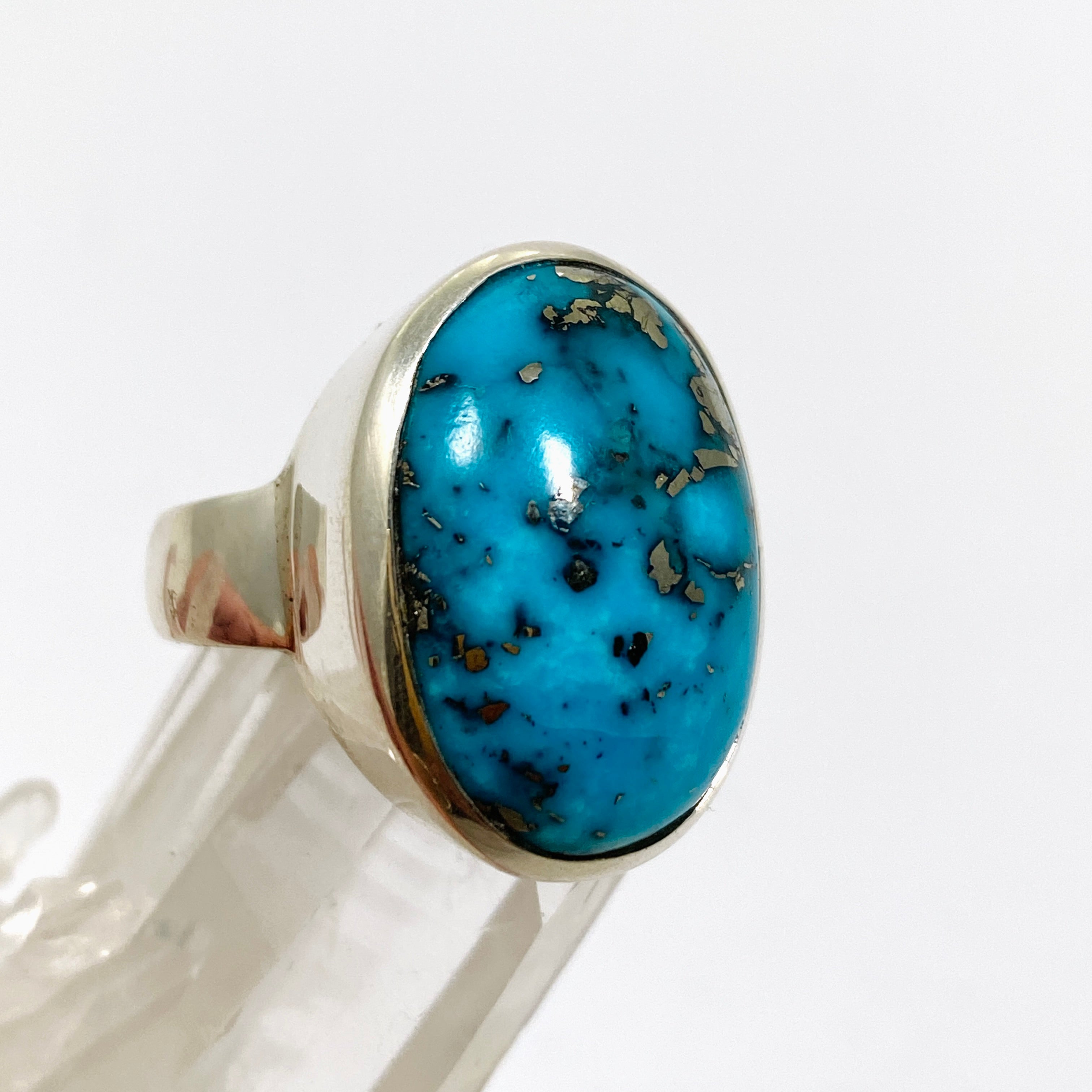 Natural Persian Turquoise with Pyrite Oval Cabochon Ring - Size 10 - Handmade Iranian Gemstone Jewelry for Women - Perfect for Boho, Western & Everyday Fashion