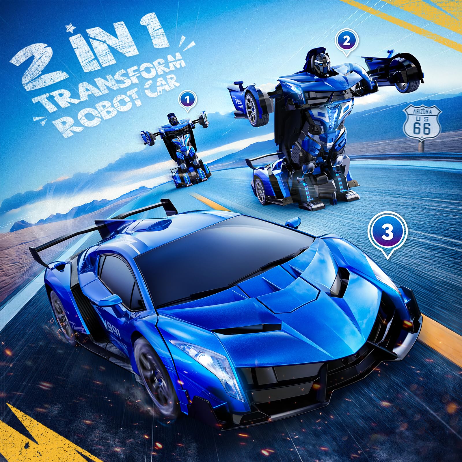 V991 1:10 Scale Transformable Remote Control Car - 2.4GHz Gesture Sensing & One-Key Deformation RC Toy with 2 Rechargeable Batteries (70 Min Playtime) - Best Robot Gift for Boys & Girls (Blue) - Perfect for Indoor Play, Outdoor Racing & STEM Learning