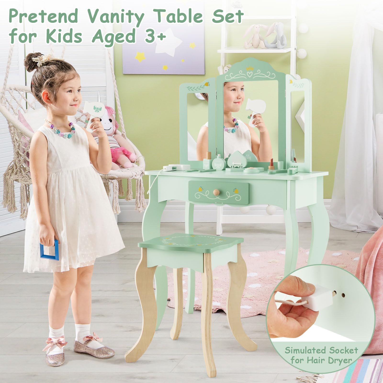 Honey Joy Kids Vanity Set - Wooden Makeup Table & Chair for Toddlers - Pretend Play Dressing Toys - for Girls Bedroom Play