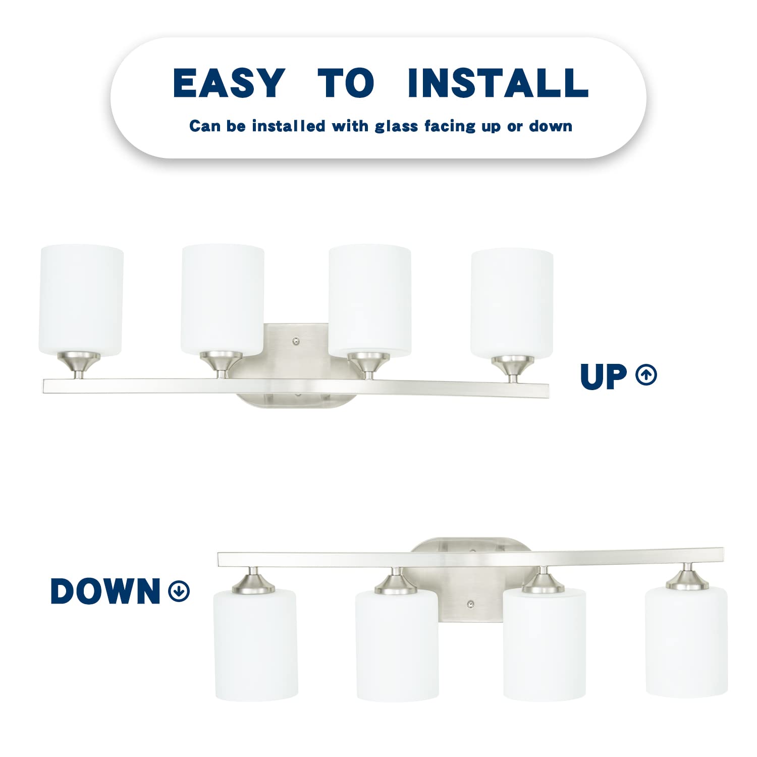 4-Light Brushed Nickel Vanity Fixture with White Glass Shades - UL Listed Bathroom Lighting for Mirror & Makeup Area
