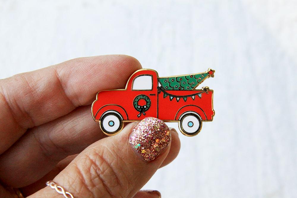 Flamingo Toes Red Christmas Truck Needle Minder - Magnetic Pin Cushion for Sewing, Quilting & Embroidery - Perfect Holiday Craft Accessory