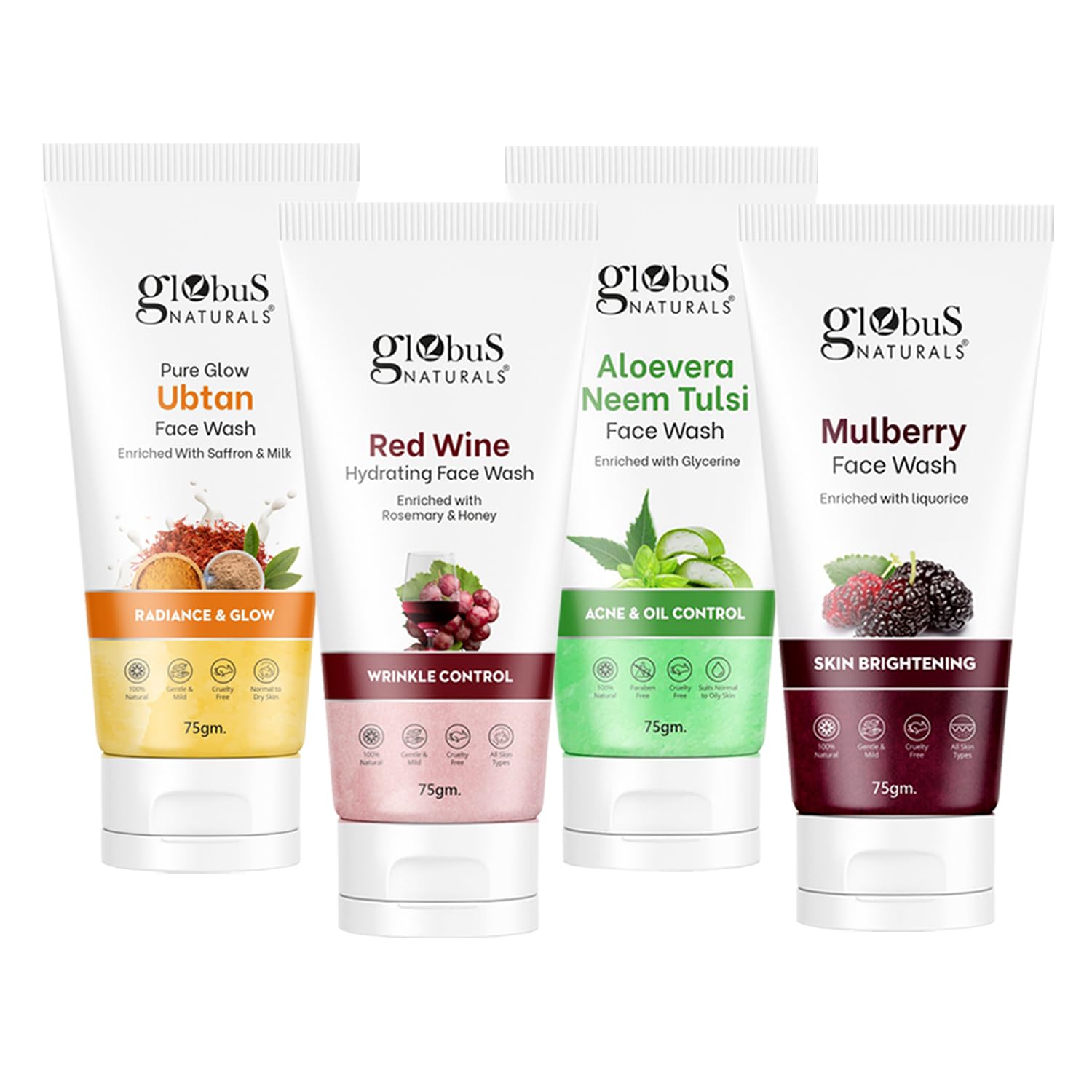 Globus Naturals Face Wash Combo Set of 4 (75g Each) - Ubtan, Red Wine, Aloe Vera Neem Tulsi & Mulberry for Clear, Glowing Skin | Daily Skincare Routine for All Skin Types