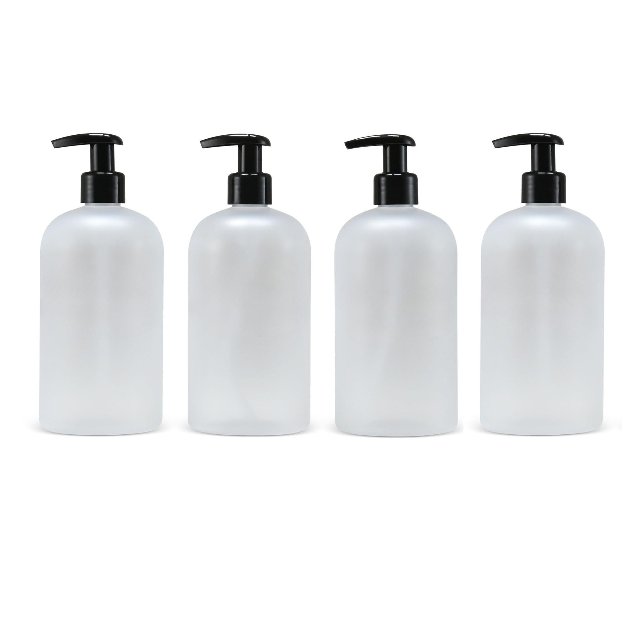 16 oz Empty PET Plastic Refillable Bottles with Lotion Pumps - Set of 4 (Frosted Clear) - Drip Free & Rust-Free for Shampoo, Conditioner, Body Wash, Hand Soap, Dish Soap, Lotion & Cleanser - Perfect for Bathroom, Kitchen & Travel Organization