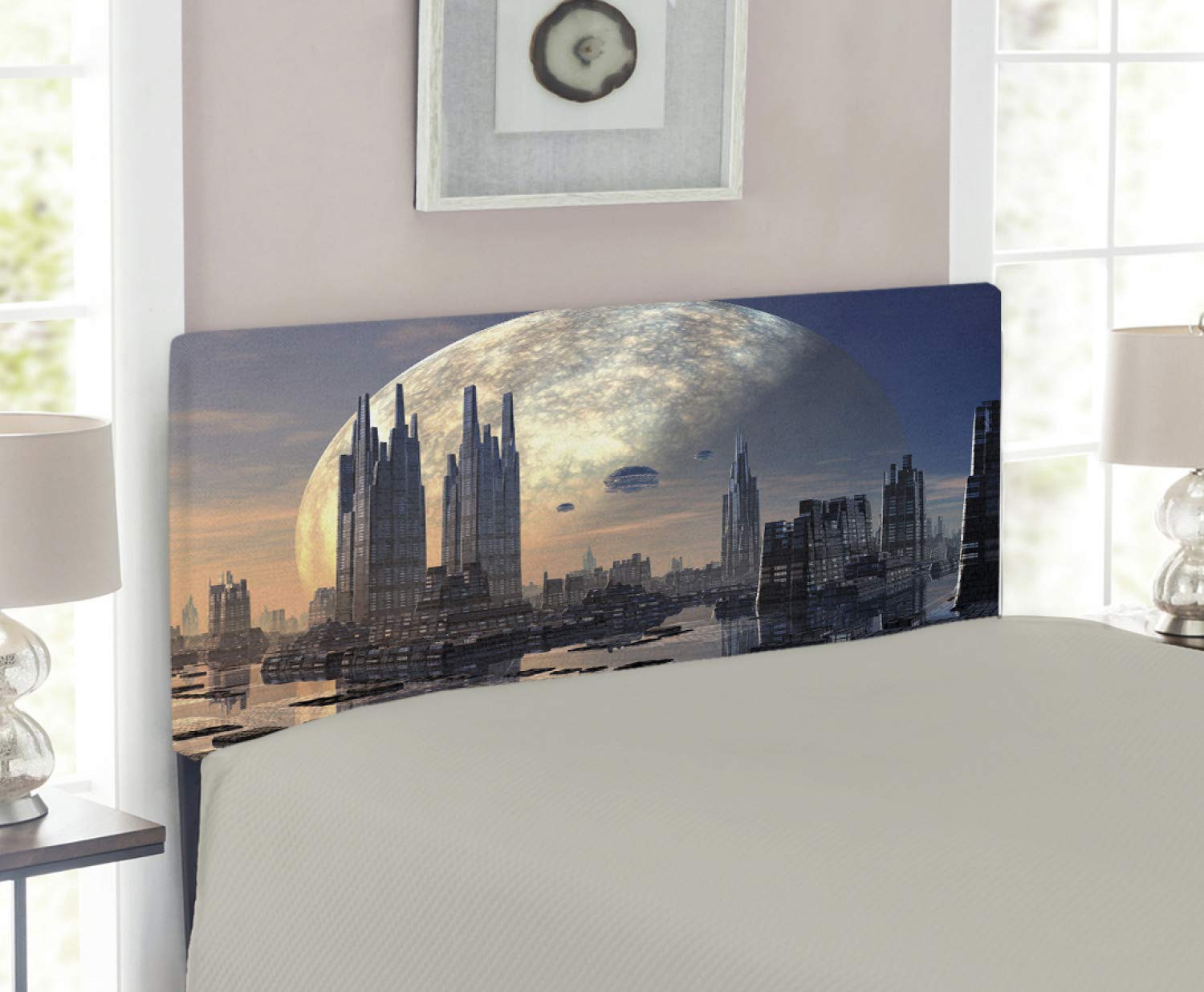 Ambesonne Futuristic Alien City Headboard - Twin Size Upholstered Metal Bed Headboard with Memory Foam, Peach Tan Blue | Sci-Fi Themed Bedroom Decor for Teens & Adults, Perfect for Space-Themed Rooms & Modern Home Interiors