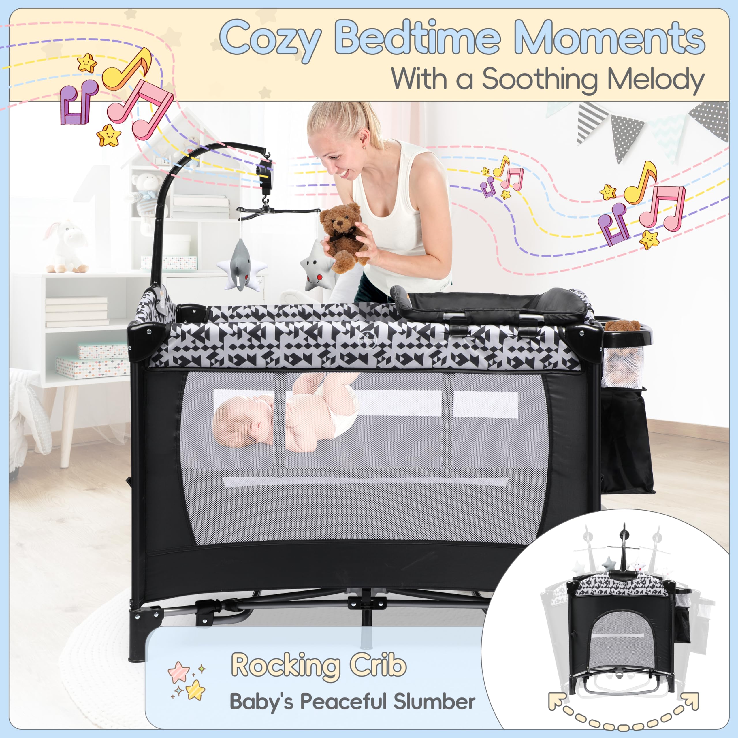 Xilingol 5-in-1 Portable Baby Playard with Bassinet, Bedside Sleeper, Diaper Changer, Storage Bag & Soothing Music Box - Foldable Travel Crib with Carry Bag for Newborns to Toddlers - Perfect for Nursery, Bedroom & On-the-Go Parenting