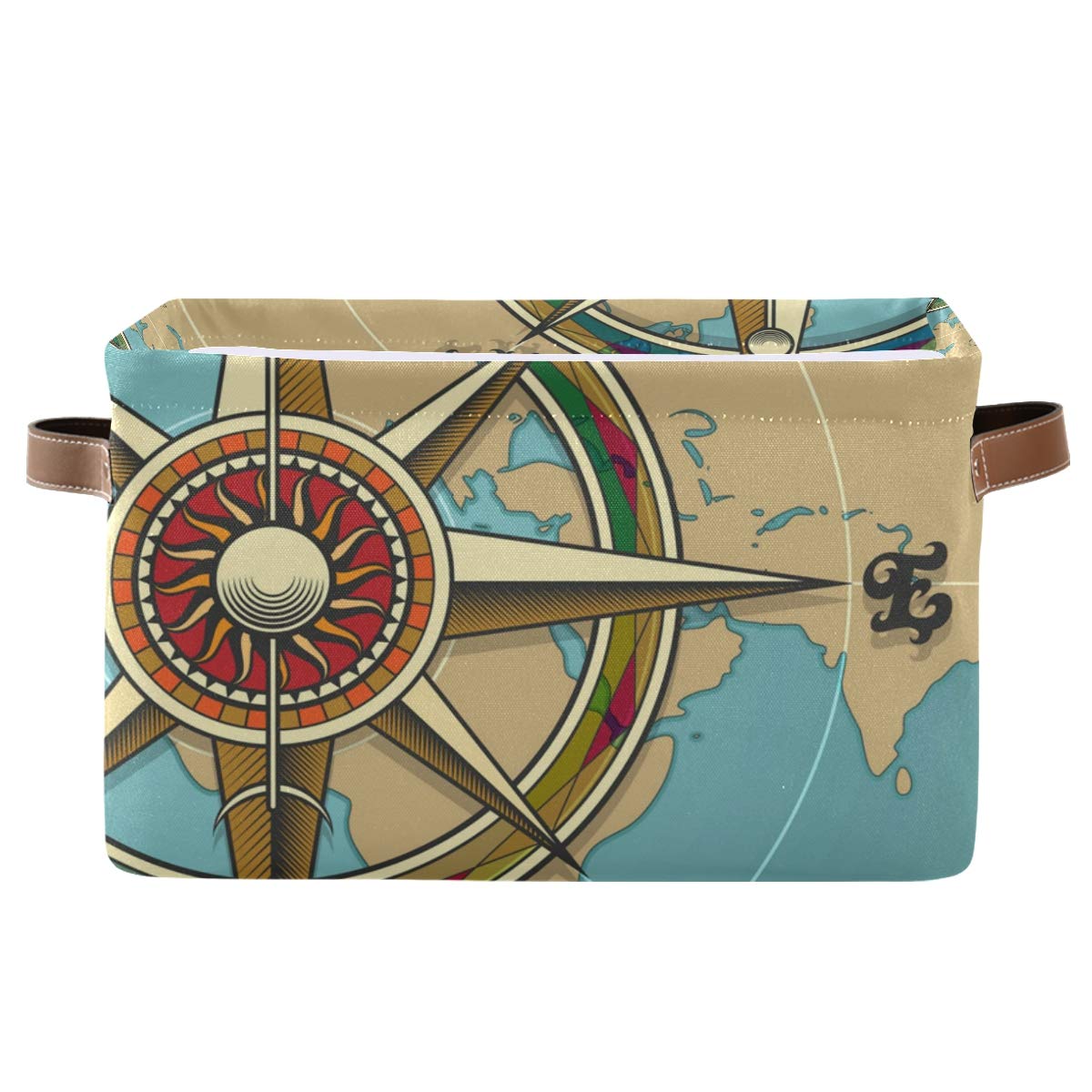 Vintage Compass Map Collapsible Storage Basket with Handles - Large Rectangular Cloth Storage Cube Organizer for Toys, Closet, Nursery, Bedroom & Home Office | Perfect for Kids' Room Organization & Home Decor