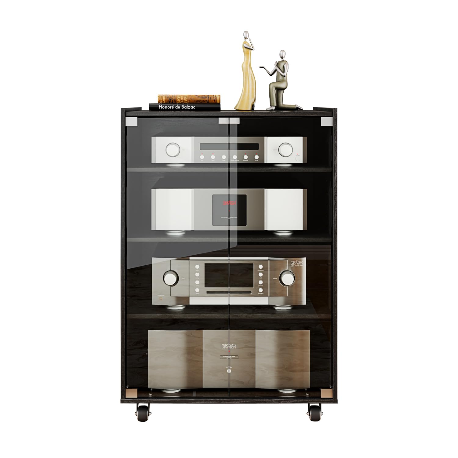 4-Tier Adjustable Media Storage Cabinet with Glass Doors & Pulley - Modern AV Stand for CDs, DVDs, Gaming Consoles & Stereo Components - Perfect for Living Room, Home Theater & Entertainment Centers