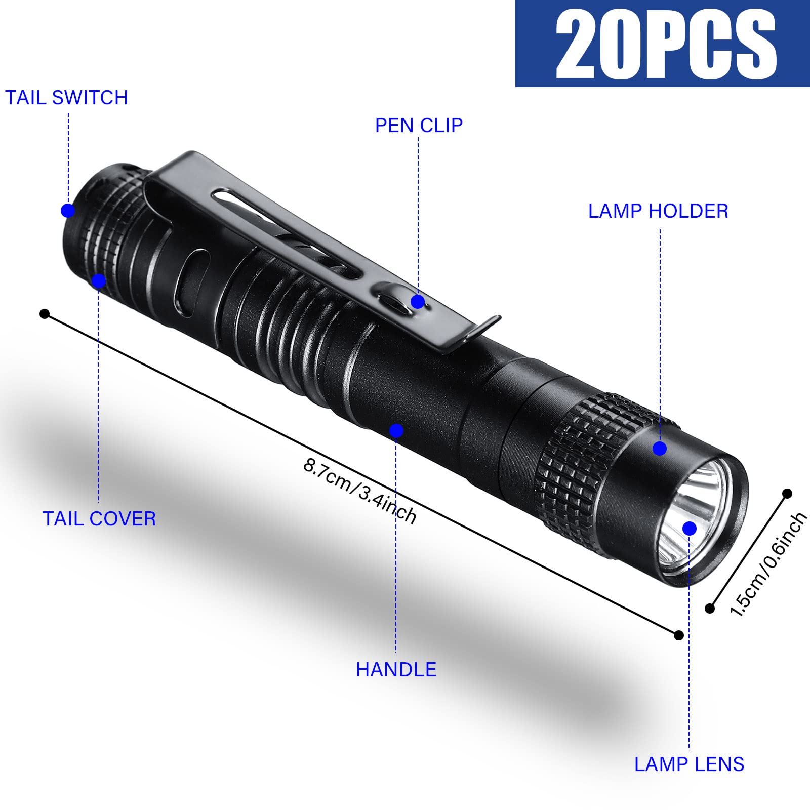 Hortsun 20 Pack Mini LED Pen Light Flashlights - Ultra Slim Pocket Flashlight with Clip, Small Handheld Torch for Emergency, Camping, Hiking, Reading - No Battery Included (Black, 3.54 Inch) - Perfect Christmas Gift, Stocking Stuffer & Everyday Carry Essential