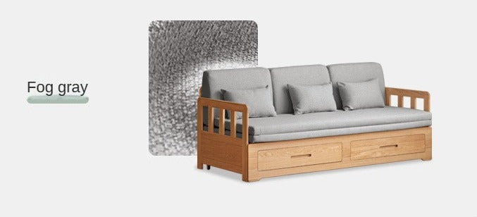 Solid Oak Wood Sofa Bed with Folding & Retractable Storage | Convertible Sleeper for Small Spaces, Guest Rooms & Apartments