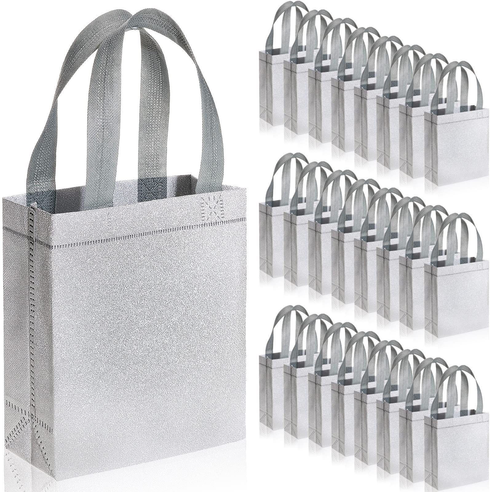 Woanger 48 Pack Silver Glitter Wedding Favor Bags with Handles - 7.9x3.9x9.8 Inch Reusable Non-Woven Tote Gift Bags for Bridal Shower, Birthday Party, Baby Shower & Holiday Events - Bulk Goodie Bags for Wedding Favors & Party Decorations