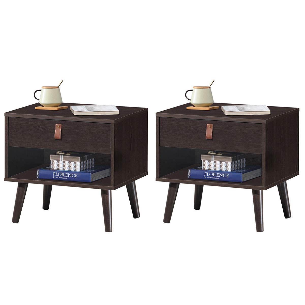 Giantex Mid-Century Wooden Nightstand with Drawer & Shelf - Bedside End Table for Bedroom, Living Room & Sofa Side - Perfect for Storing Books, Lamps & Bedroom Essentials (Set of 2)