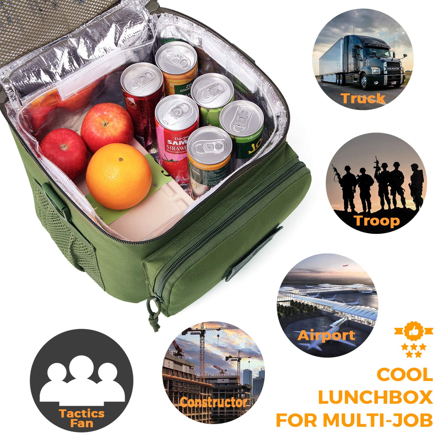 Insulated Tactical Lunch Bag for Men & Women - 12 Can Capacity, Leakproof 9L Cooler Tote for Work, Office, Outdoor & Travel | Soft Easy-Clean Liner (2 Included) | OD Green | Perfect for Camping, Hiking, Picnics & Daily Commute