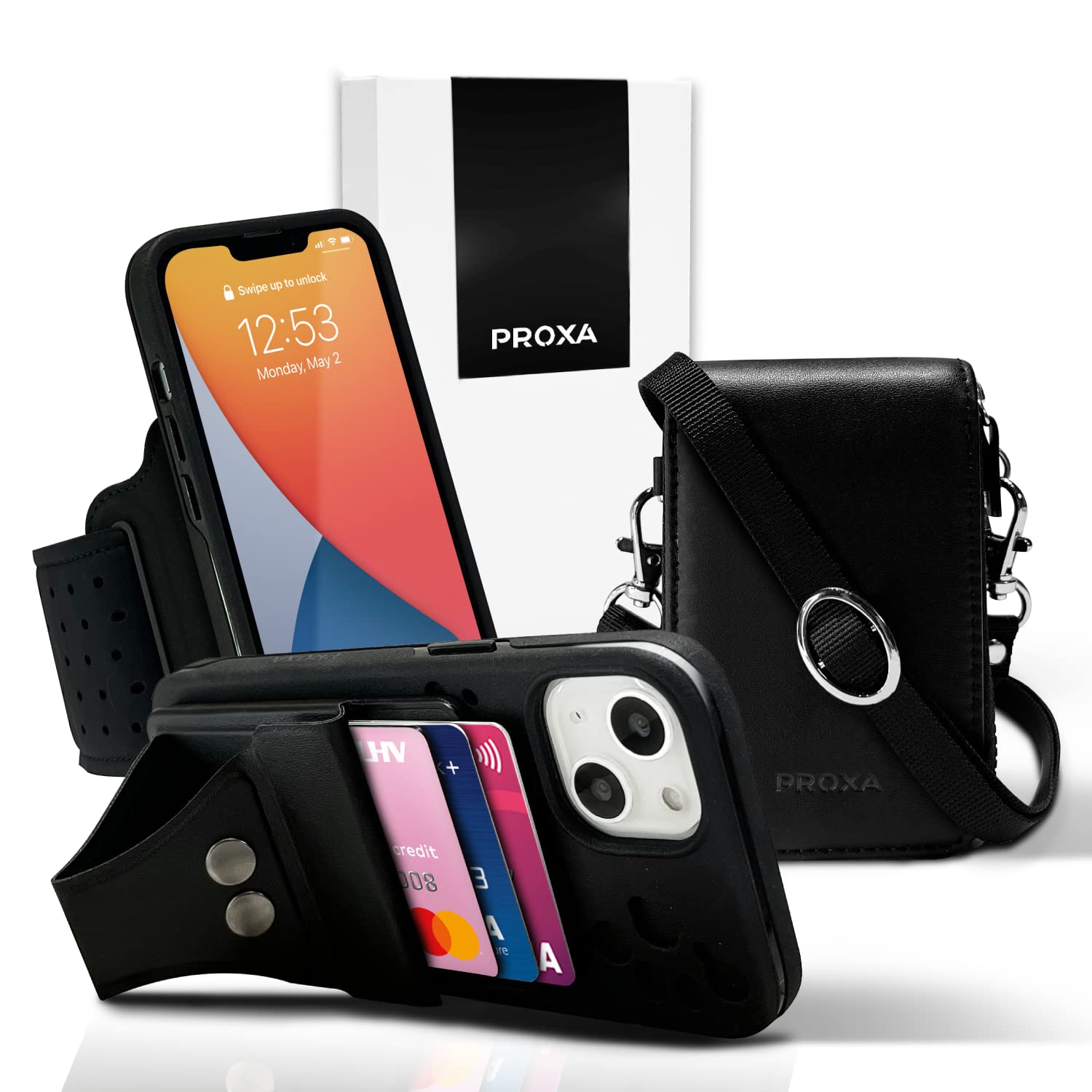 PROXA Versatile iPhone 13 Case (6.1 inch) - MagSafe Compatible with Card Holder, Stand, Armband Strap & Crossbody Bag - Full Pack Accessories for Workout, Travel & Everyday Use