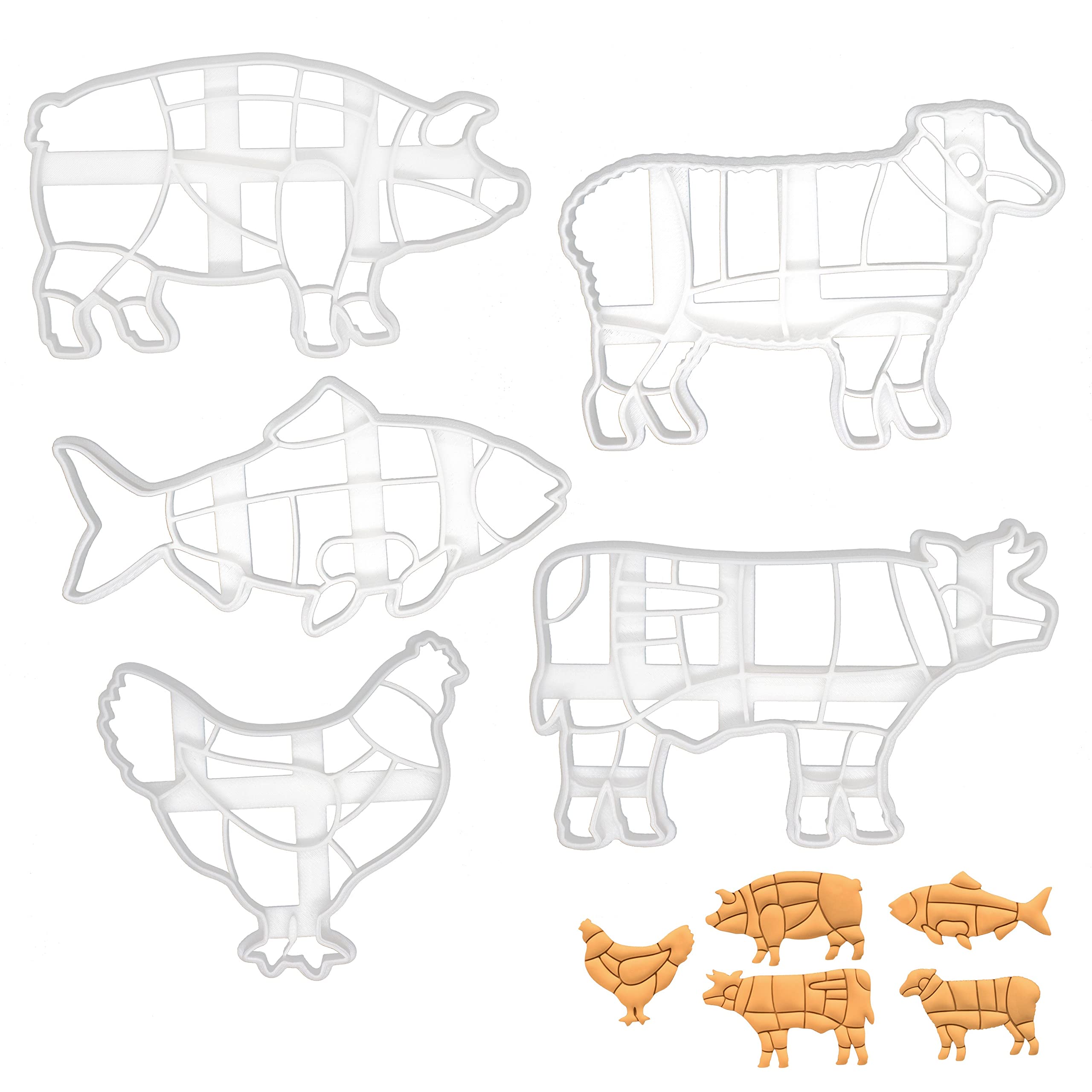 Set of 5 Stainless Steel Butcher Cut Cookie Cutters - Chicken, Cow, Pig, Lamb & Fish Shapes - Professional Baking Tools for Cookies, Fondant, Pastry & DIY Crafts - Perfect for Holidays, Parties & Home Baking