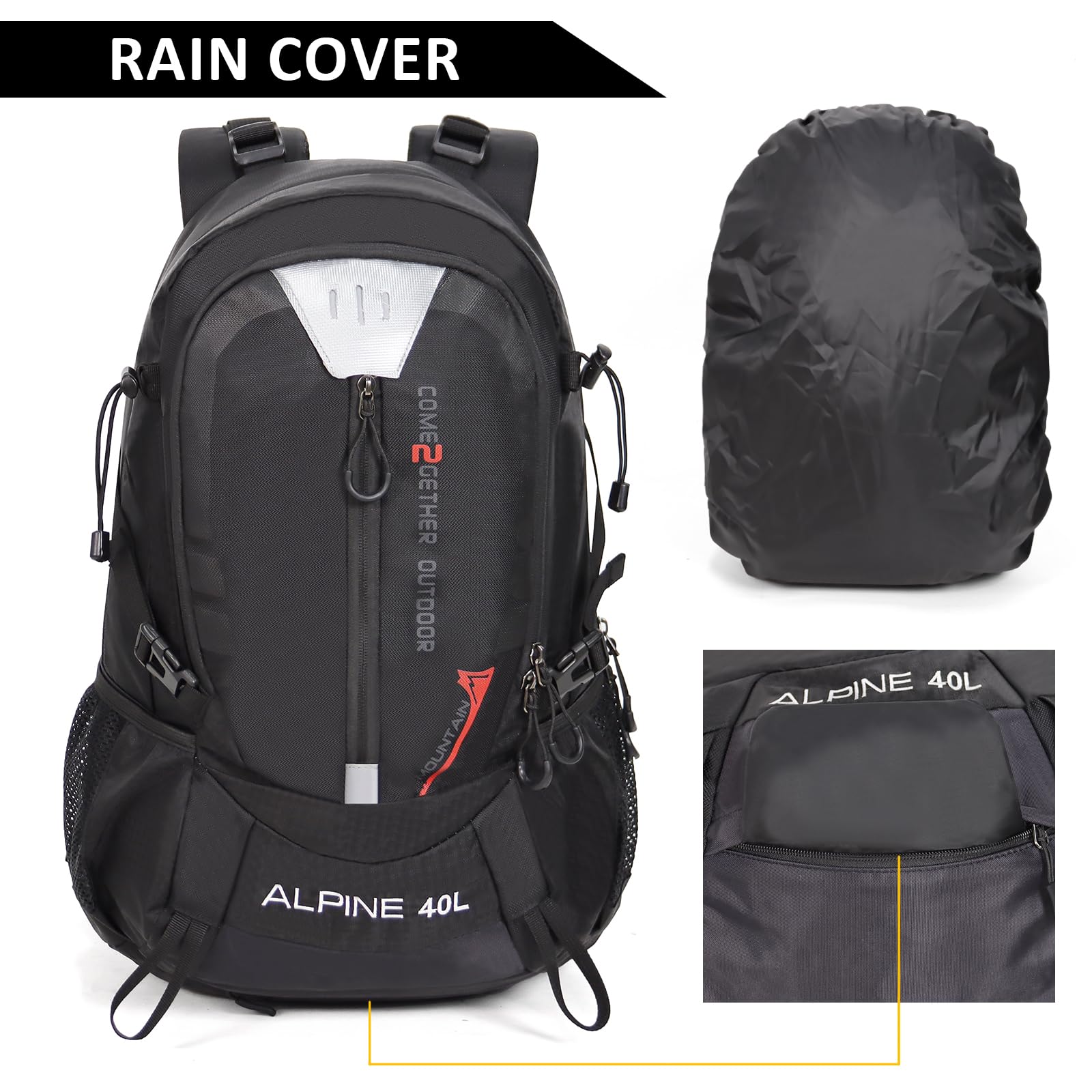 40L Lightweight Hiking Backpack for Camping & Outdoor Travel - Waterproof Rain Cover Included - Durable Daypack for Women & Men (Black) - Perfect for Hiking, Backpacking & Daily Commute
