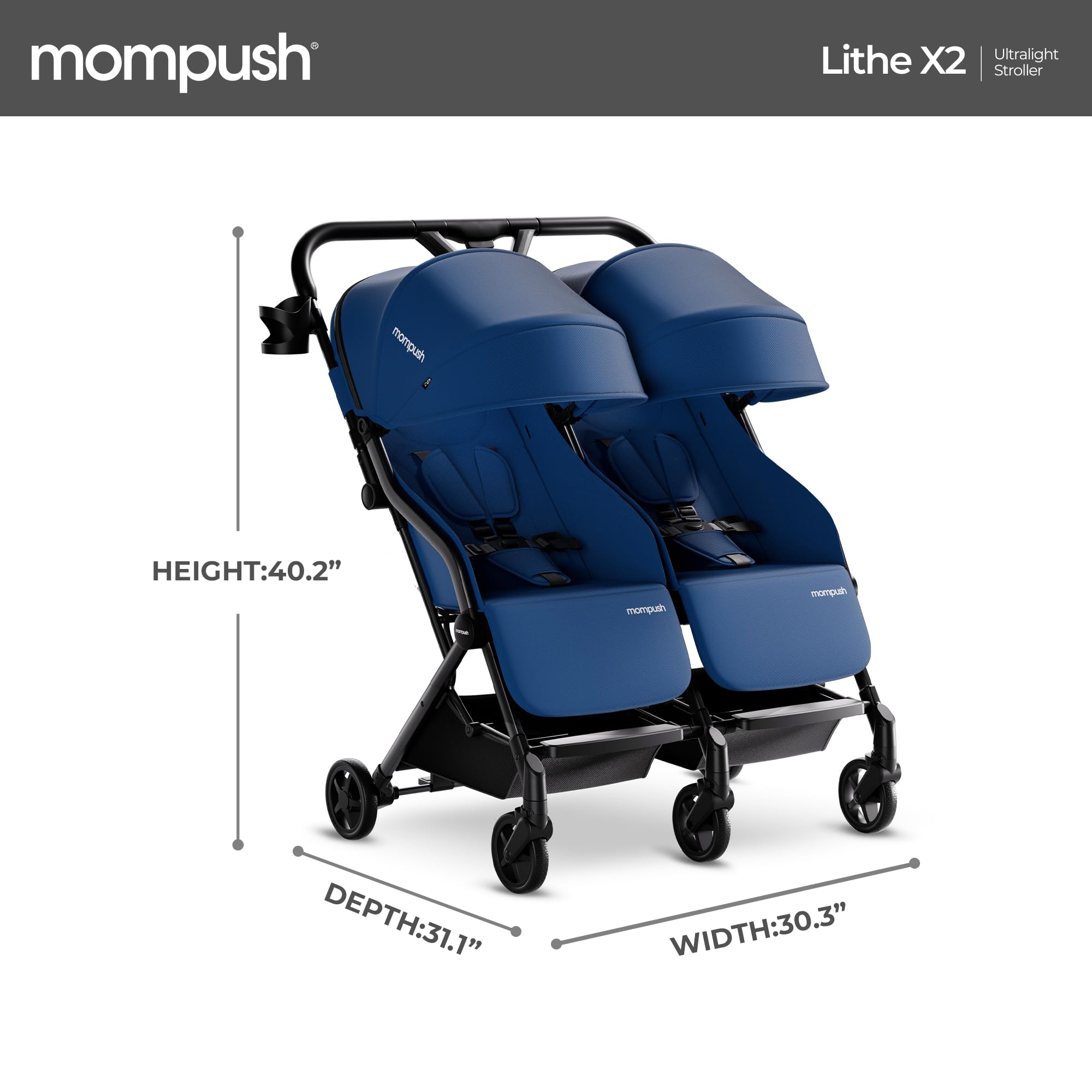 Mompush Lithe Double Ultralight Stroller - Lightweight Side by Side Baby Stroller with 2 Large Reclining Seats & Easy Fold | Perfect for Twins, Siblings & Traveling Families