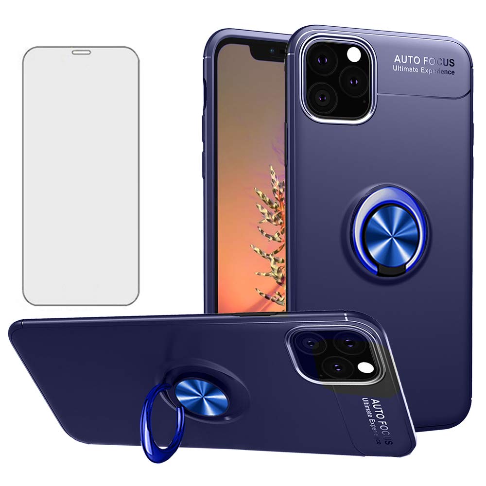 Premium iPhone 11 Case with Tempered Glass Screen Protector & Ring Holder Stand - Shockproof Silicone TPU Cover for iPhone 11 (6.1
