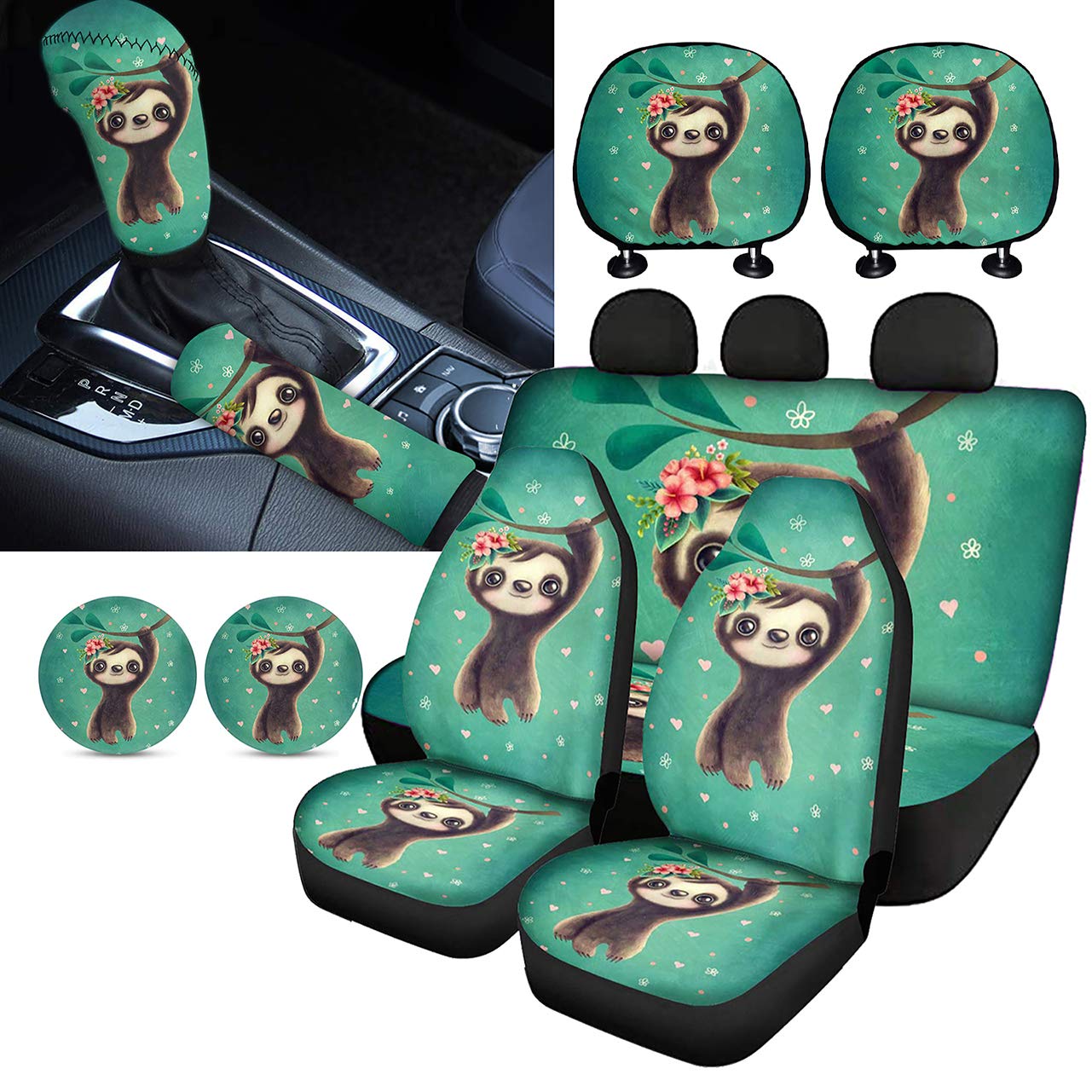 10Pcs Universal Car Accessories Set for Most Vehicles - Sloth Themed Seat Covers, Coasters, Handbrake & Gear Shift Covers | Cute Car Interior Decor for Pet Lovers & Nature Enthusiasts | Perfect for Road Trips, Daily Commute & Gift Giving